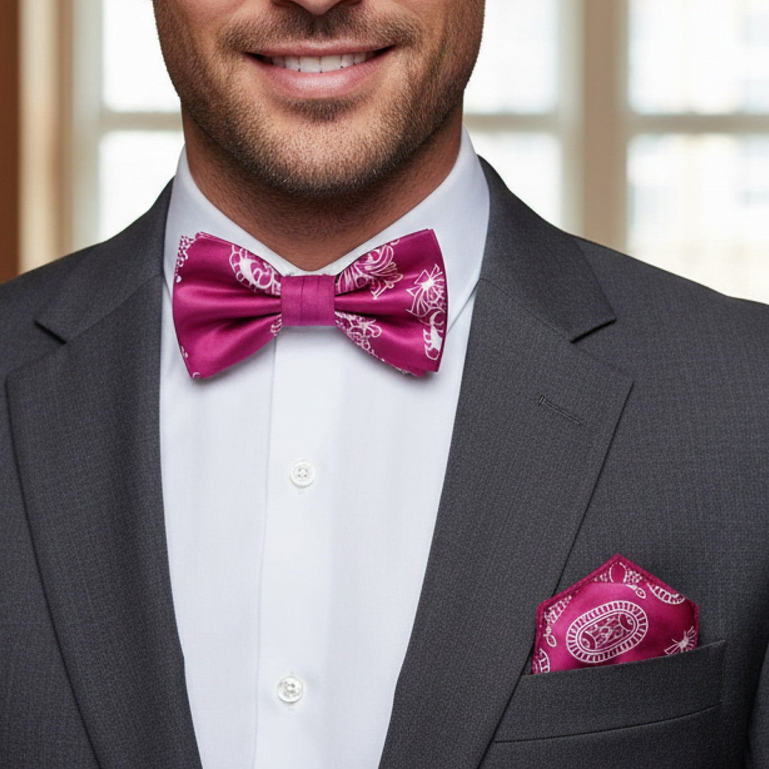 Pink Paisley Bow Tie and Square on man