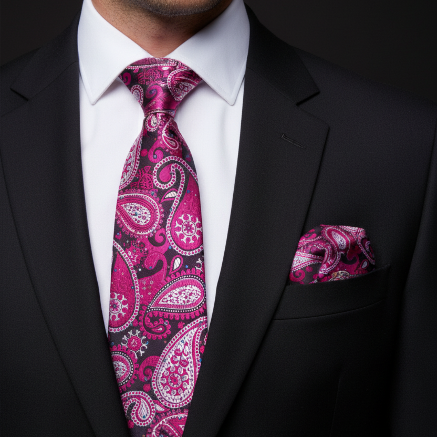 Man wearing a black suit with a pink paisley tie and pocket square.