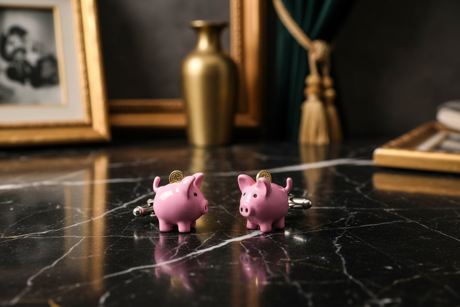 View 2: Pink and Gold Piggie Bank with Coin Cufflinks