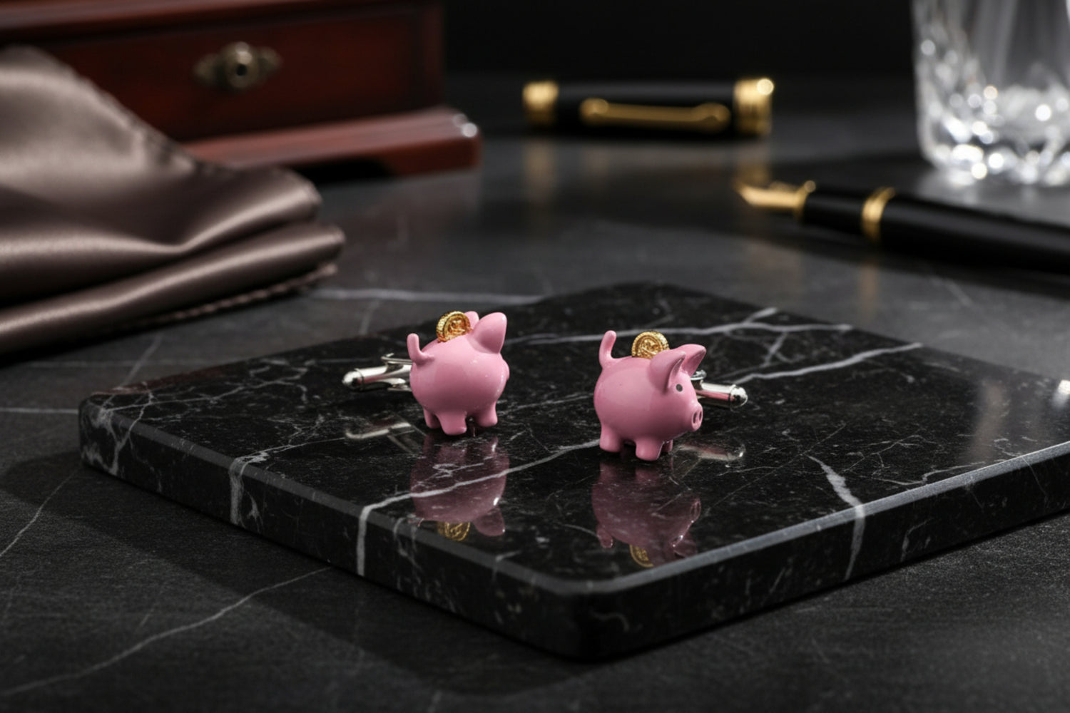 View 3: Pink and Gold Piggie Bank with Coin Cufflinks