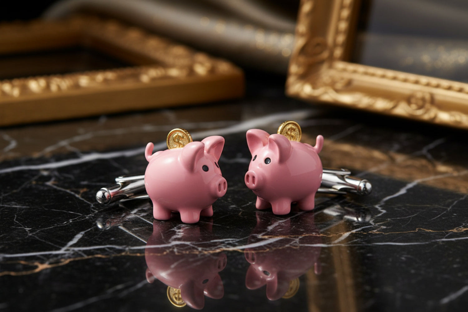 View 4: Pink and Gold Piggie Bank with Coin Cufflinks