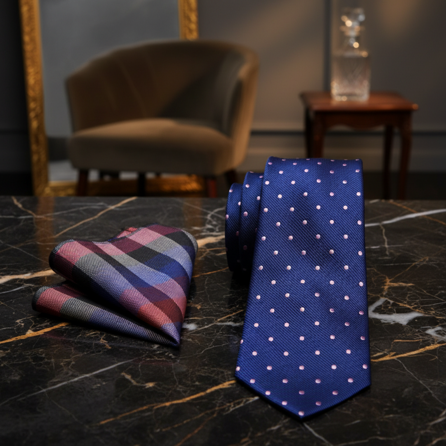2: Blue with Pink Dots Necktie and Plaid Square