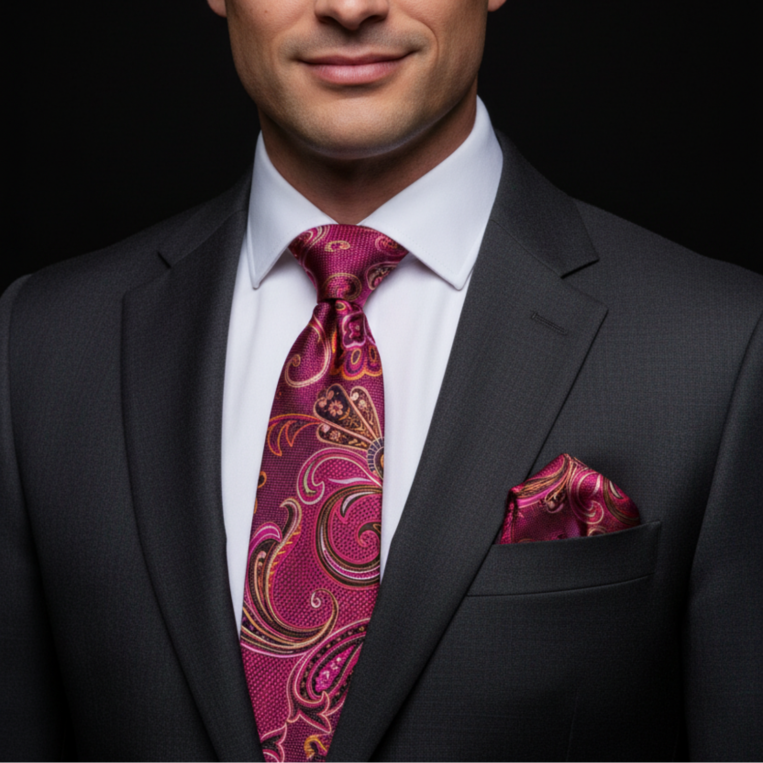 Man wearing a dark suit with a pink paisley tie and pocket square against a black background