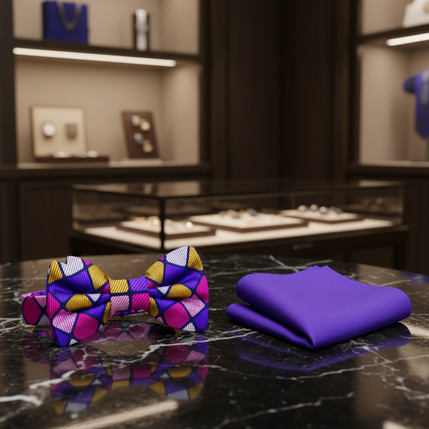 Blue, Pink, Gold Blocks Bow Tie and Purple Square