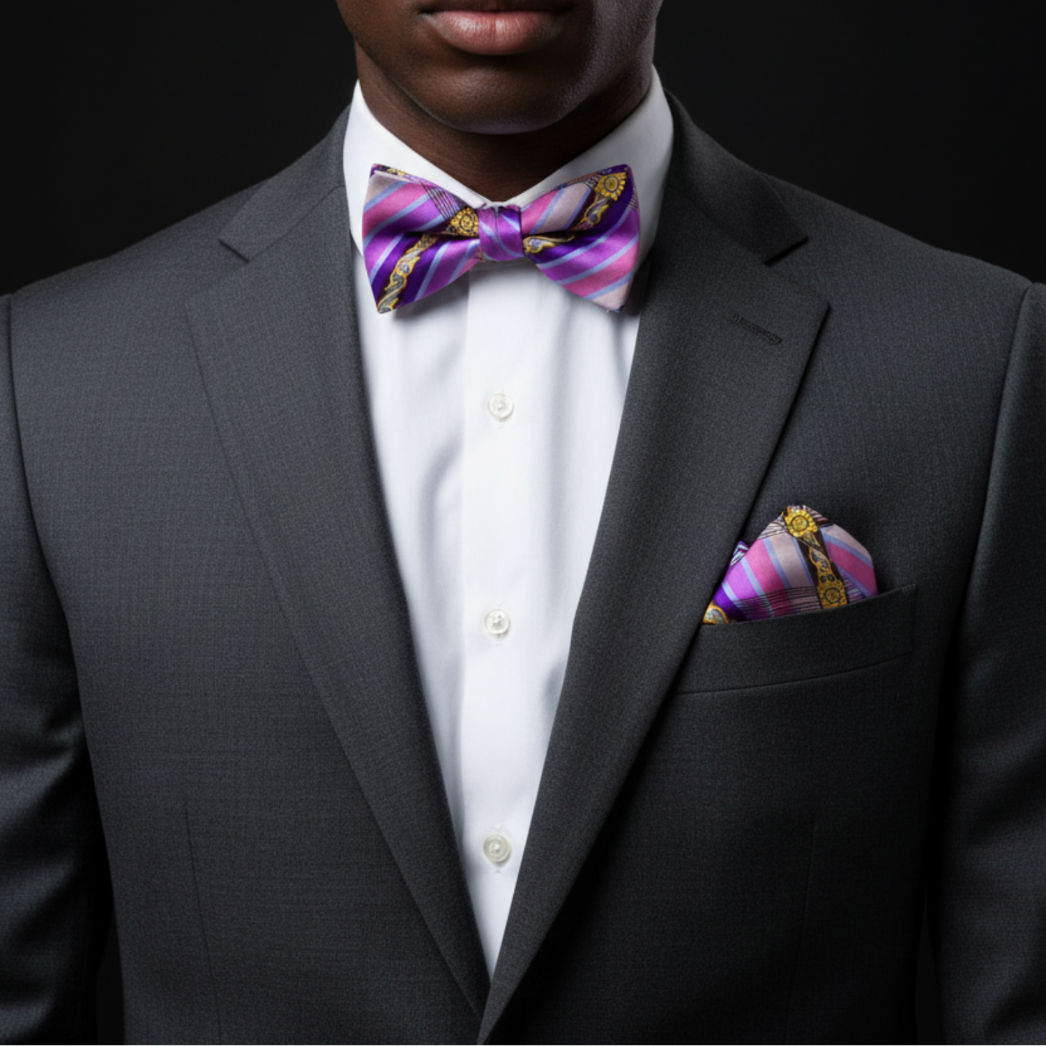 Man wearing nice suit and pink purple with gold stripe bow tie
