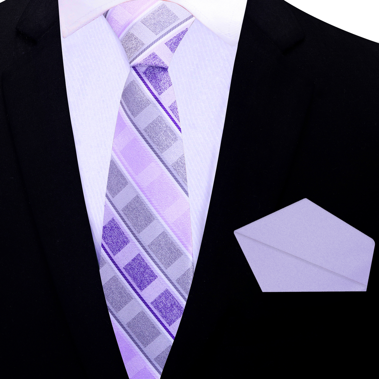 Black suit with a purple and gray patterned thin tie and light purple pocket square.