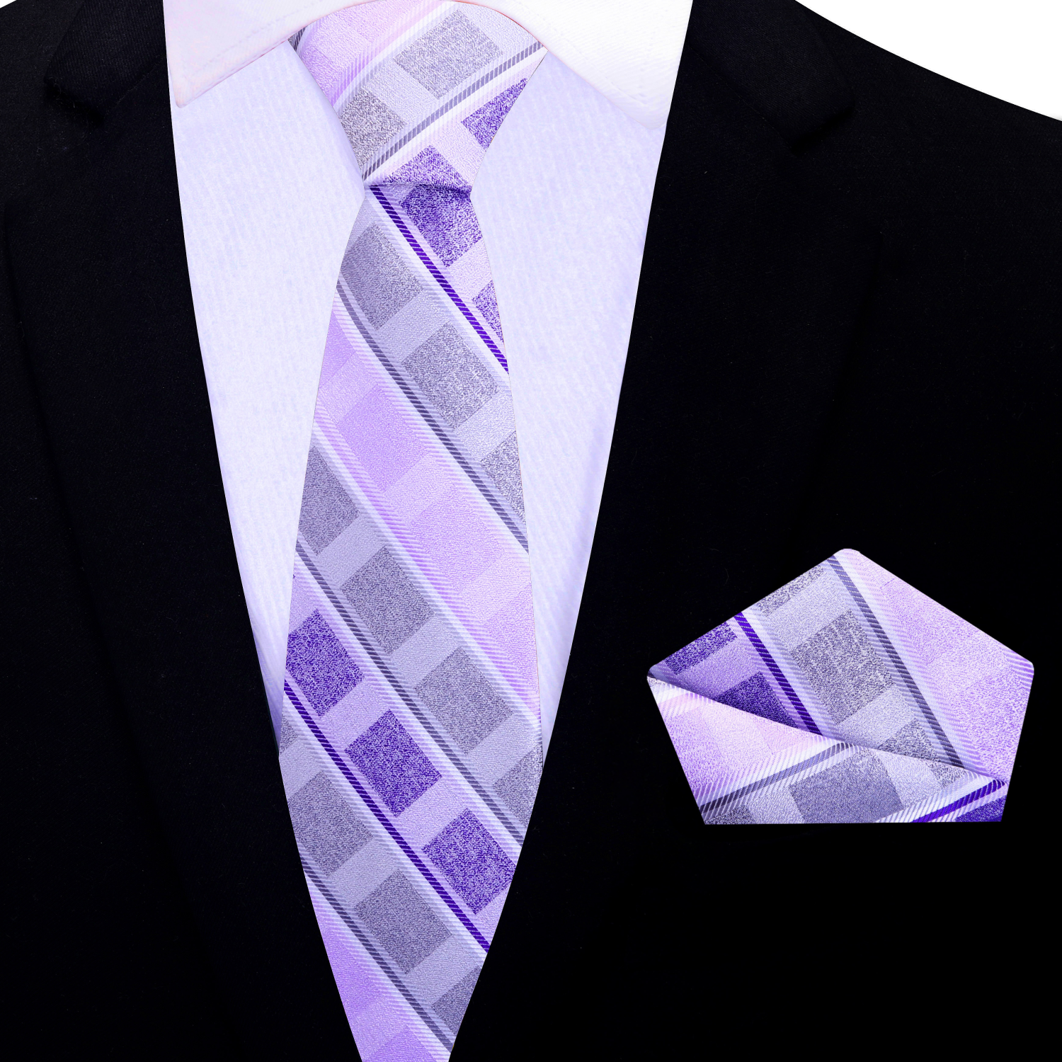 Purple and gray checkered thin tie and pocket square set on a black suit jacket.