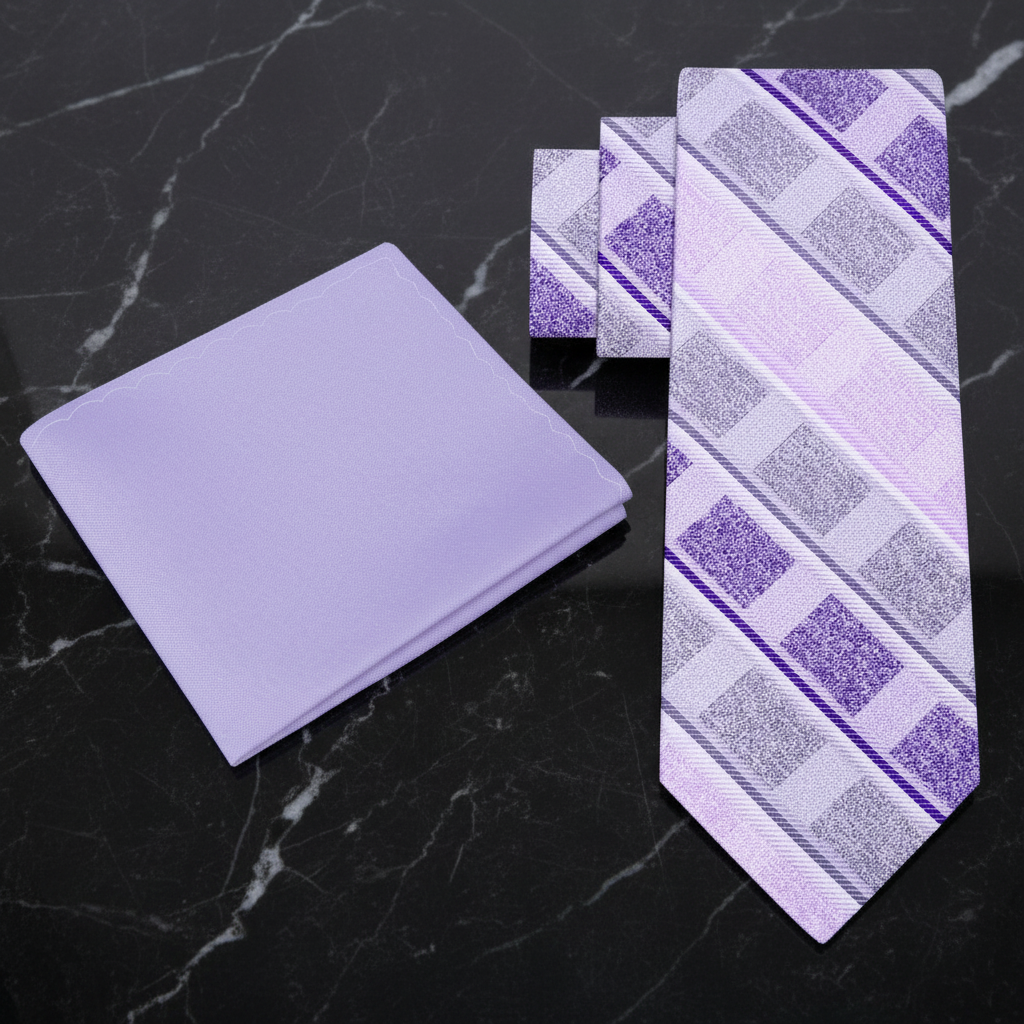 Purple tie, pocket square on a dark marble background
