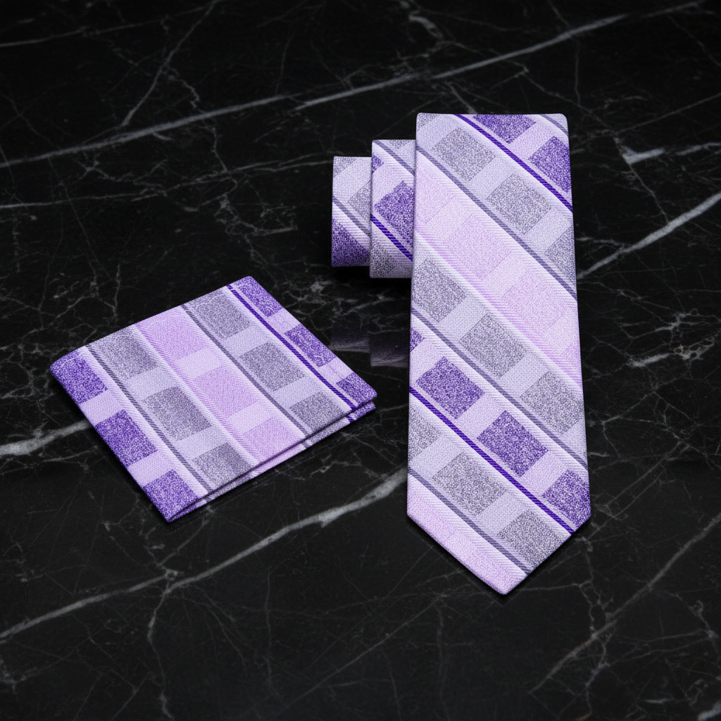 Set of purple and gray checkered tie and square