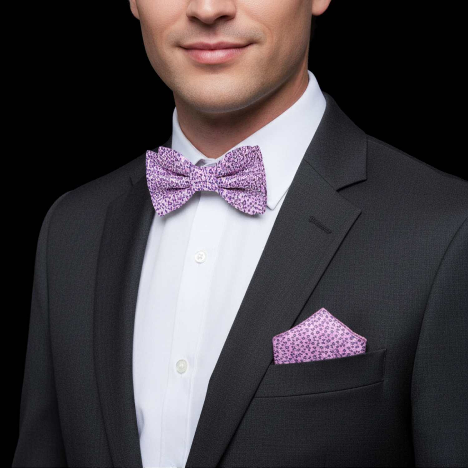 Man wearing a black suit with a purple bow tie and pocket square on a black background