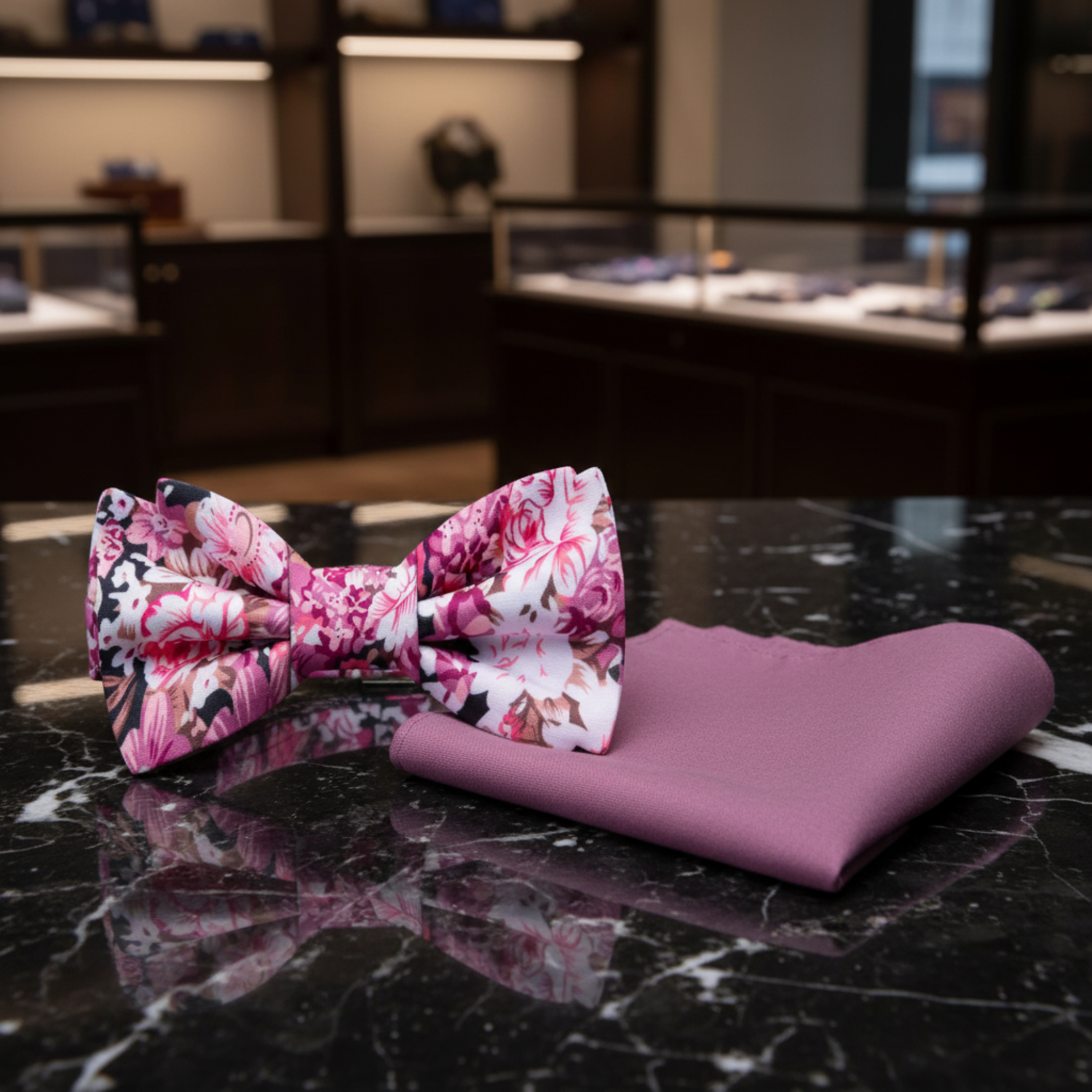 Shades of Purple and Pink with White Flowers Bow Tie and Accenting Pocket Square
