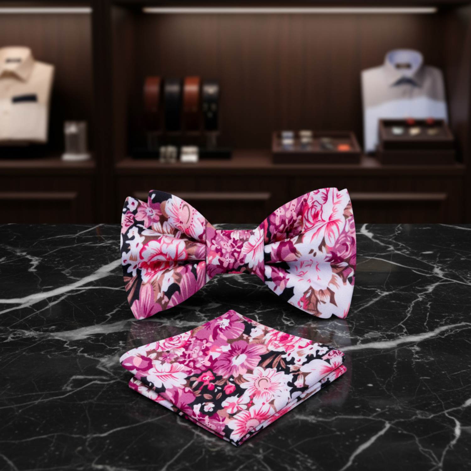 Shades of Purple and Pink with White Flowers Bow Tie and Matching Pocket Square