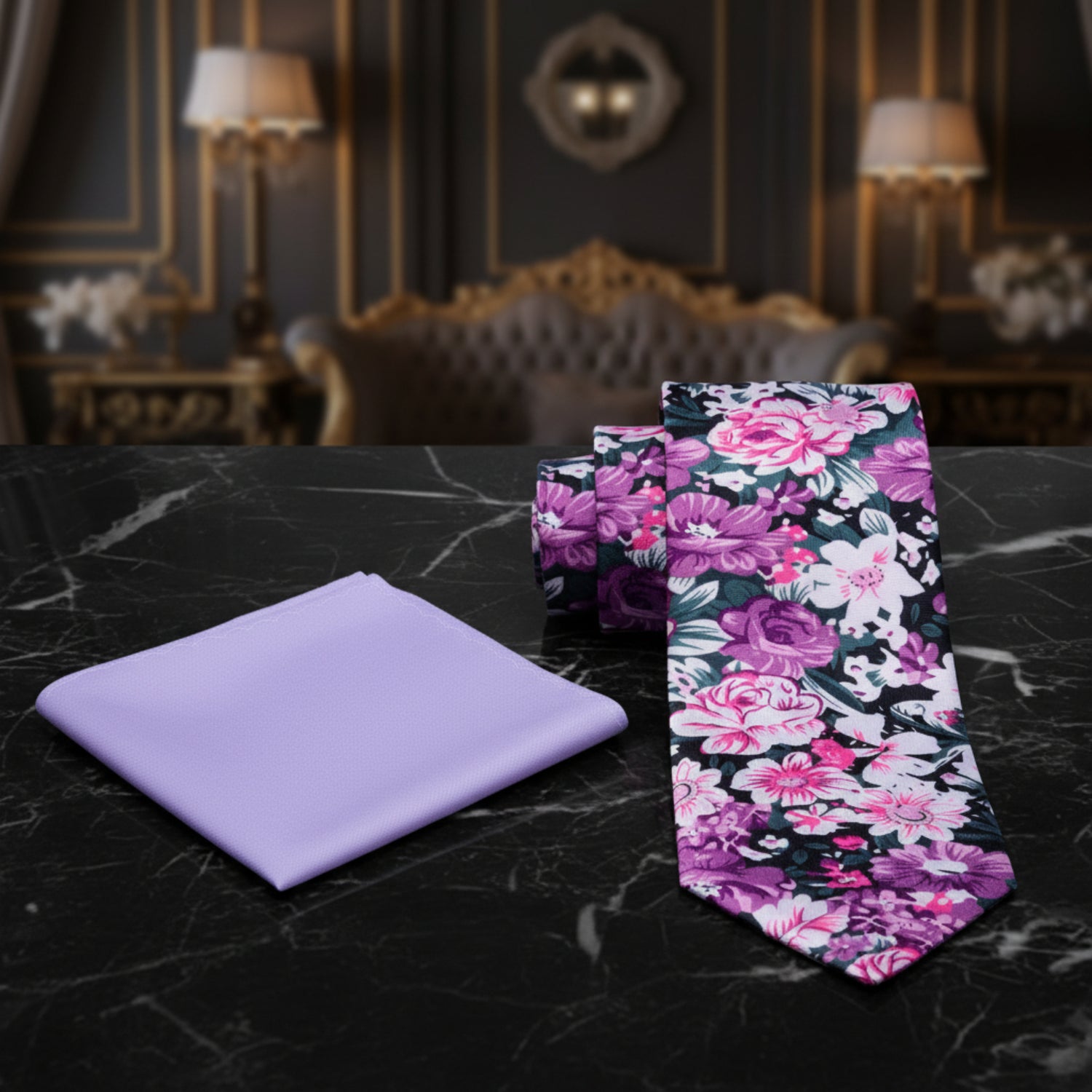 Alt view: Pink, Purple, White Sketched Flowers Necktie and Light Purple Square