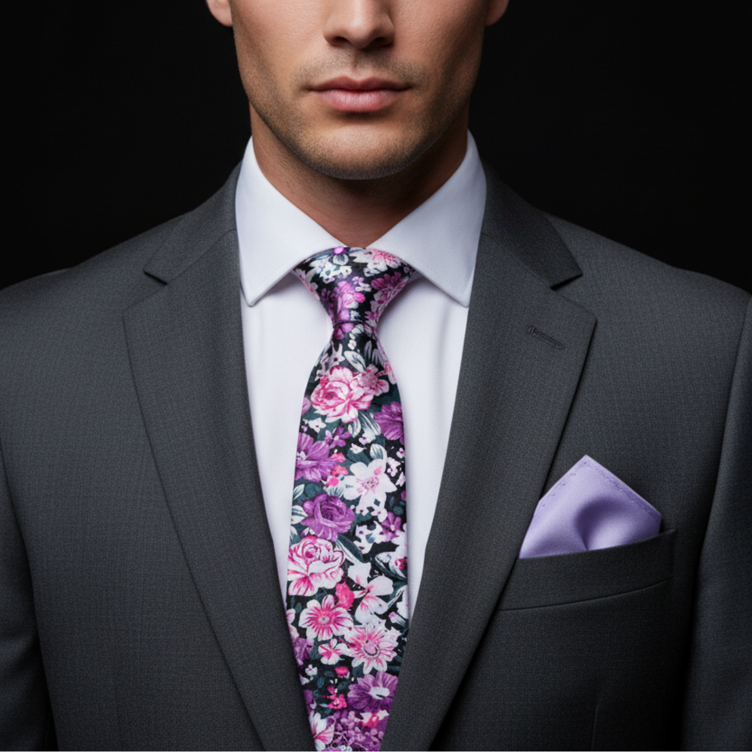 Man Pink, Purple, White Sketched Flowers Necktie and Light Purple Square