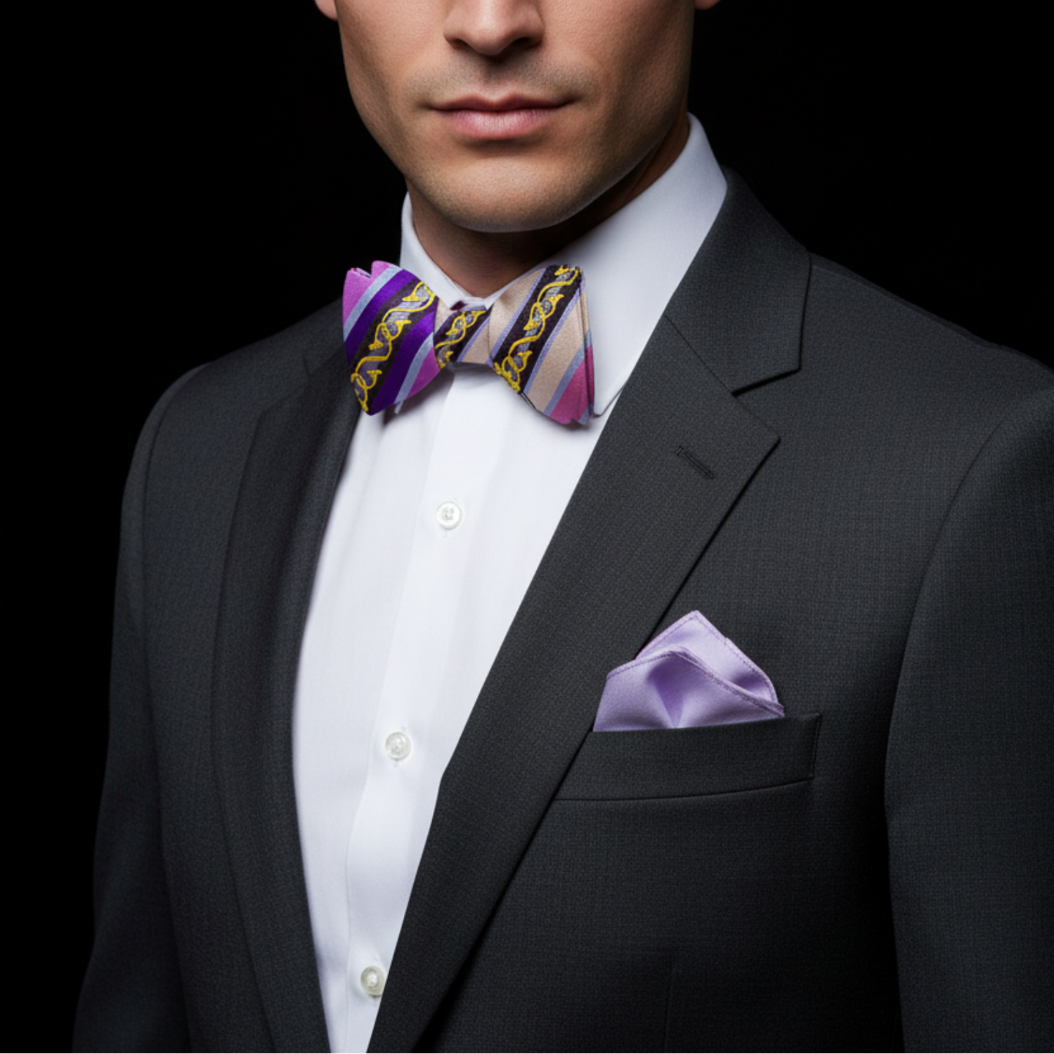 pink and purple stripe bow tie and square on man