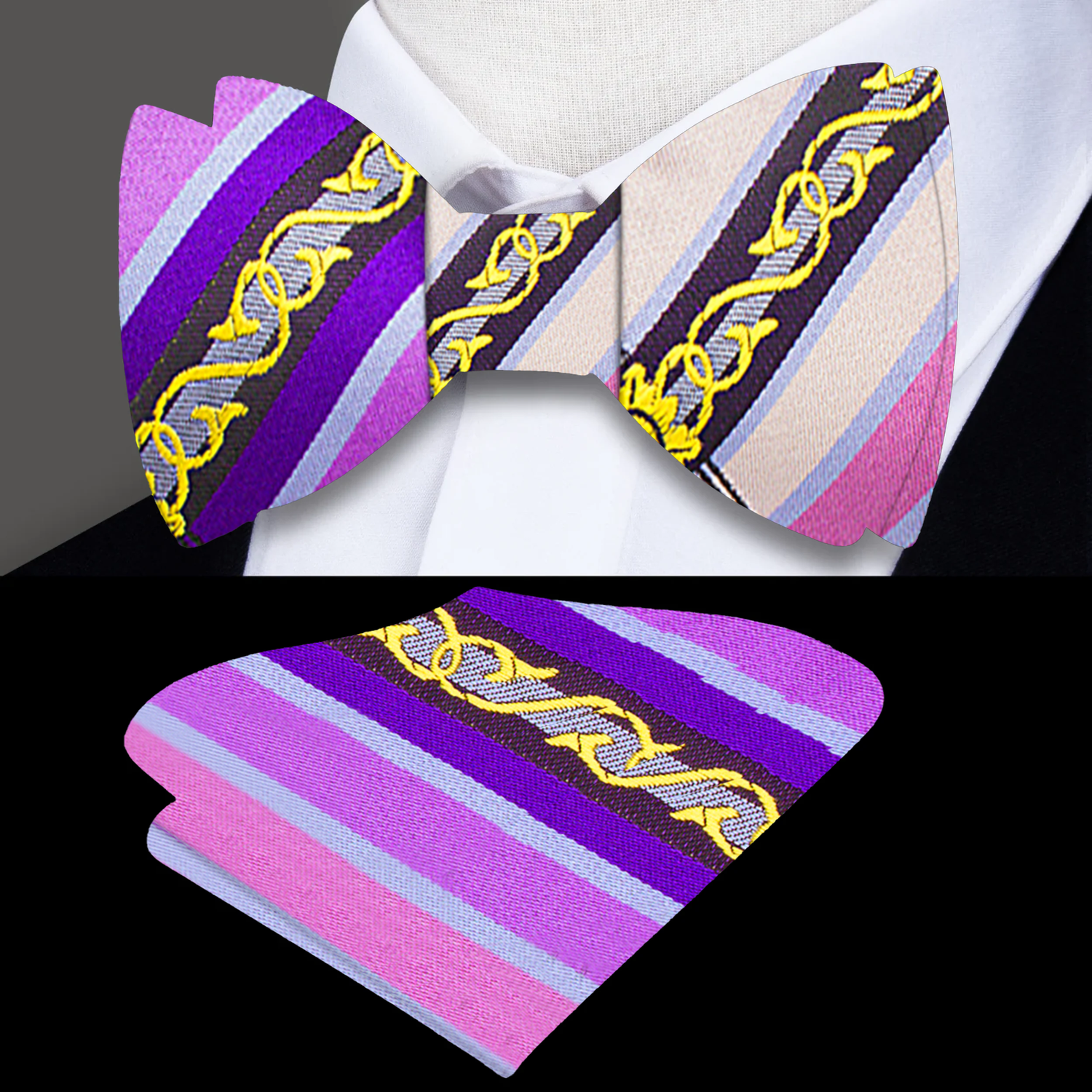 Pink purple and gold stripe bow tie and square