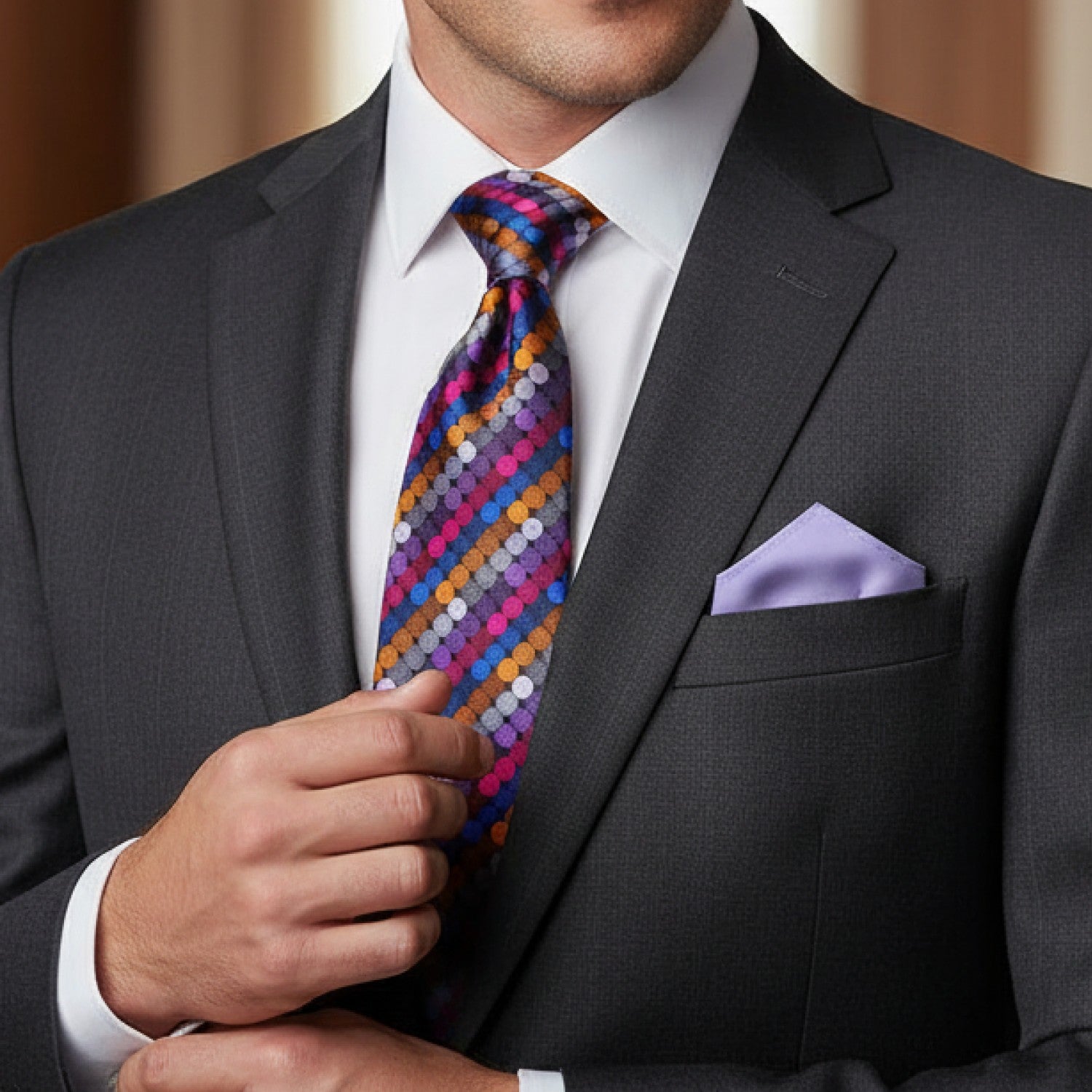 Man wearing a gray suit with a colorful tie and purple pocket square.
