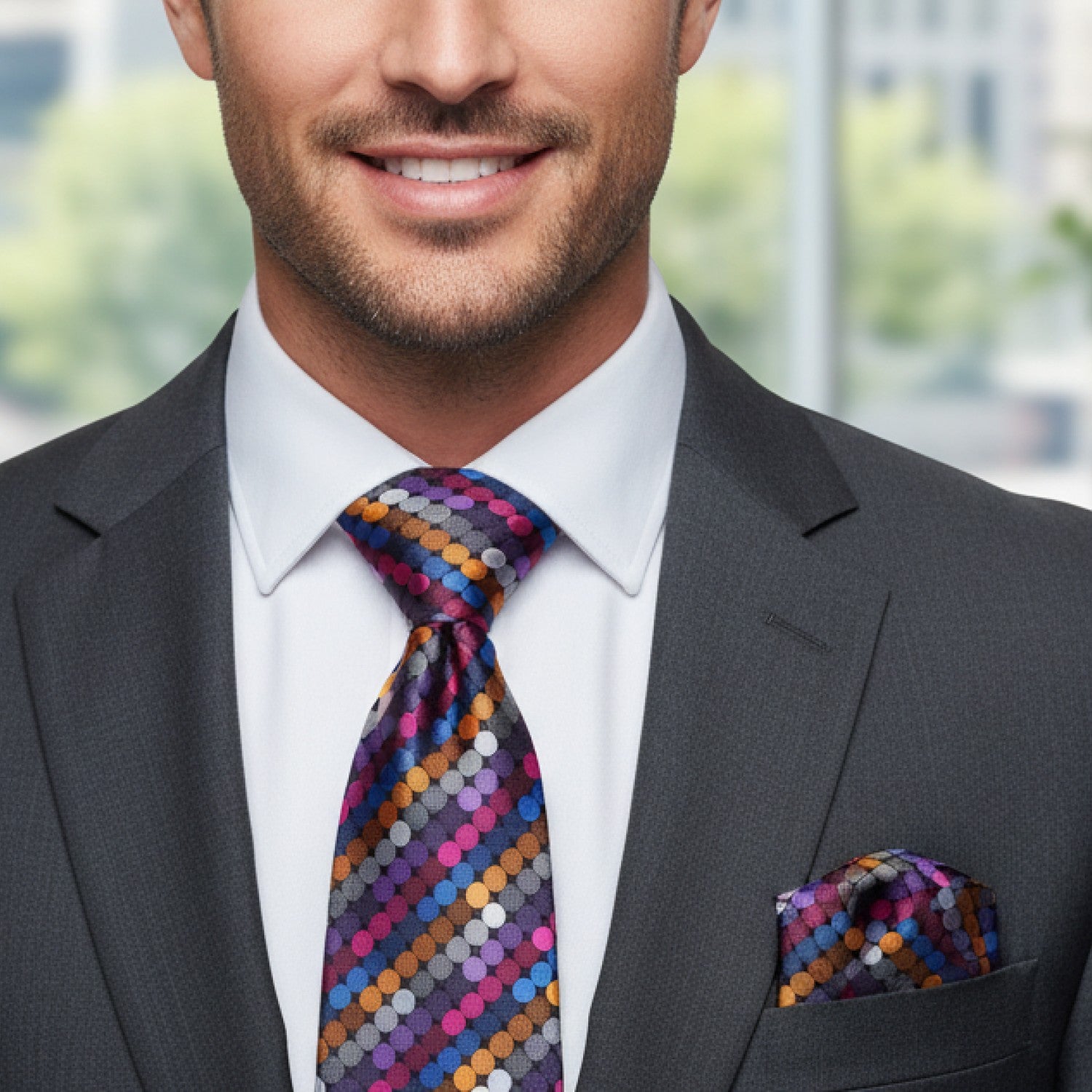 Man wearing a gray suit with a colorful tie and pocket square, blurred cityscape background
