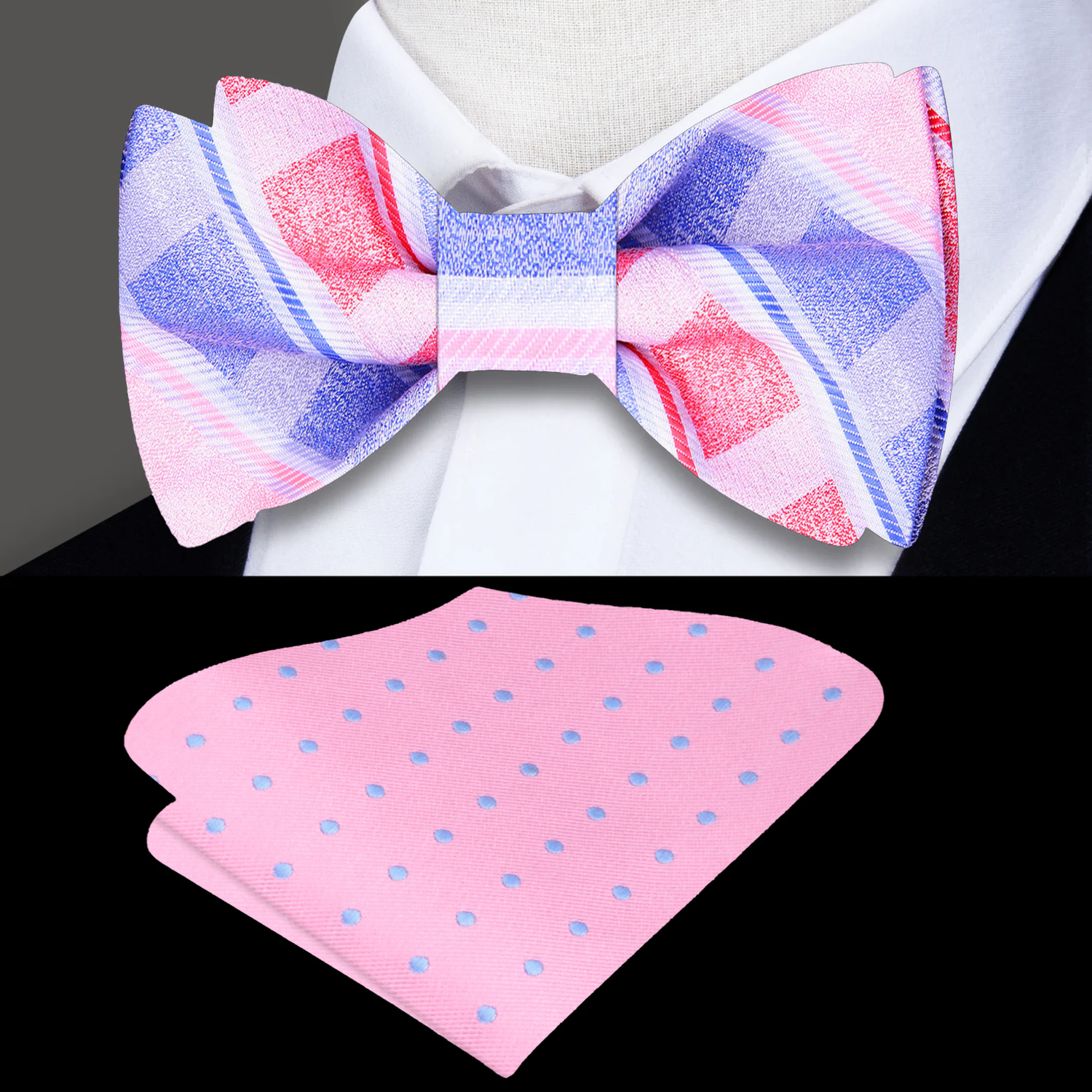 Pink, Blue and Red Plaid bow tie and pink pocket square with blue polka dots on a white background