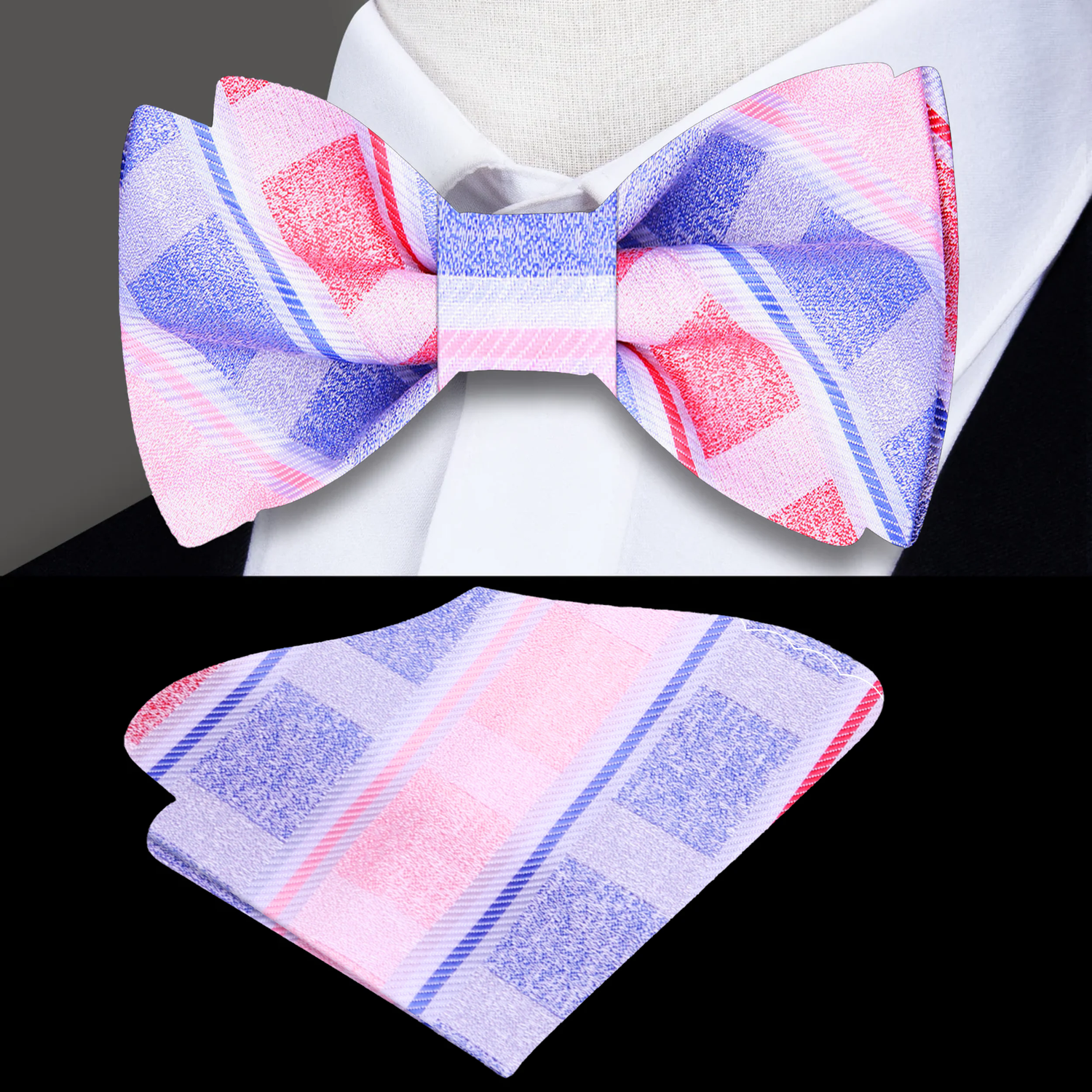 Pink, Blue and Red Plaid bow tie and pocket square 