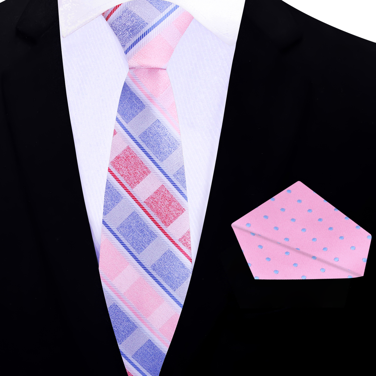 Thin Pink Red Blue Stripe Tie and Accenting Pink Pocket Square