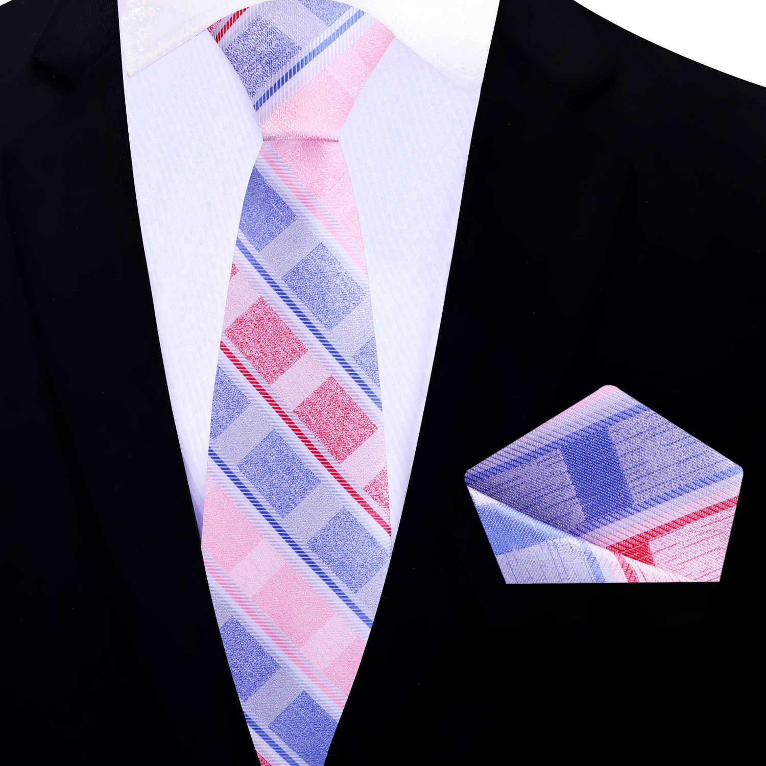 Thin  Pink Red Blue Stripe Tie and Matching Pocket Square
