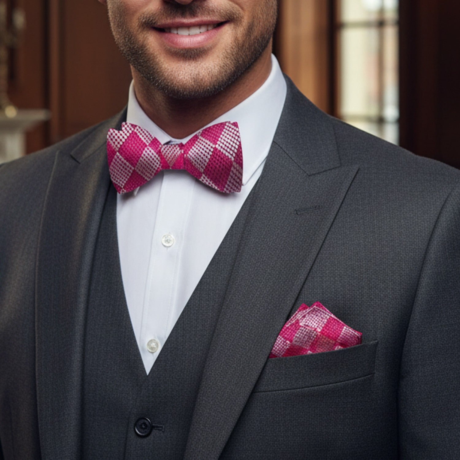 Man wearing a gray suit with a white shirt, pink checkered bow tie, and pocket square.