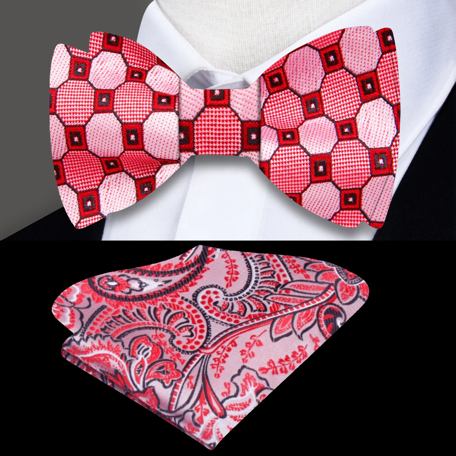 A Red, Pink Geometric Pattern Self Tie Bow Tie, Accenting Pocket Square