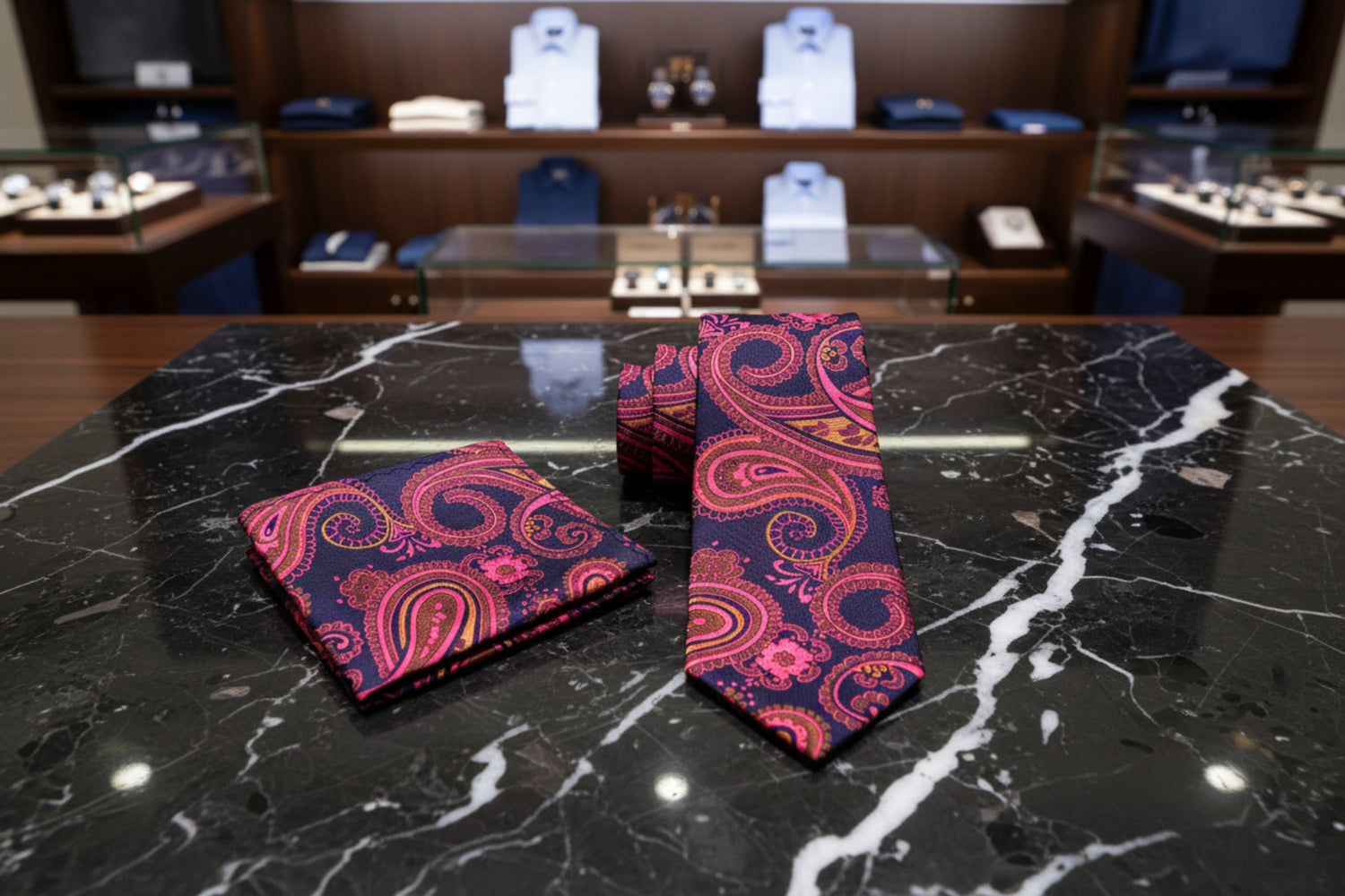 Alt View; A Ruby, Orange Paisley Pattern necktie, With Matching Pocket Square