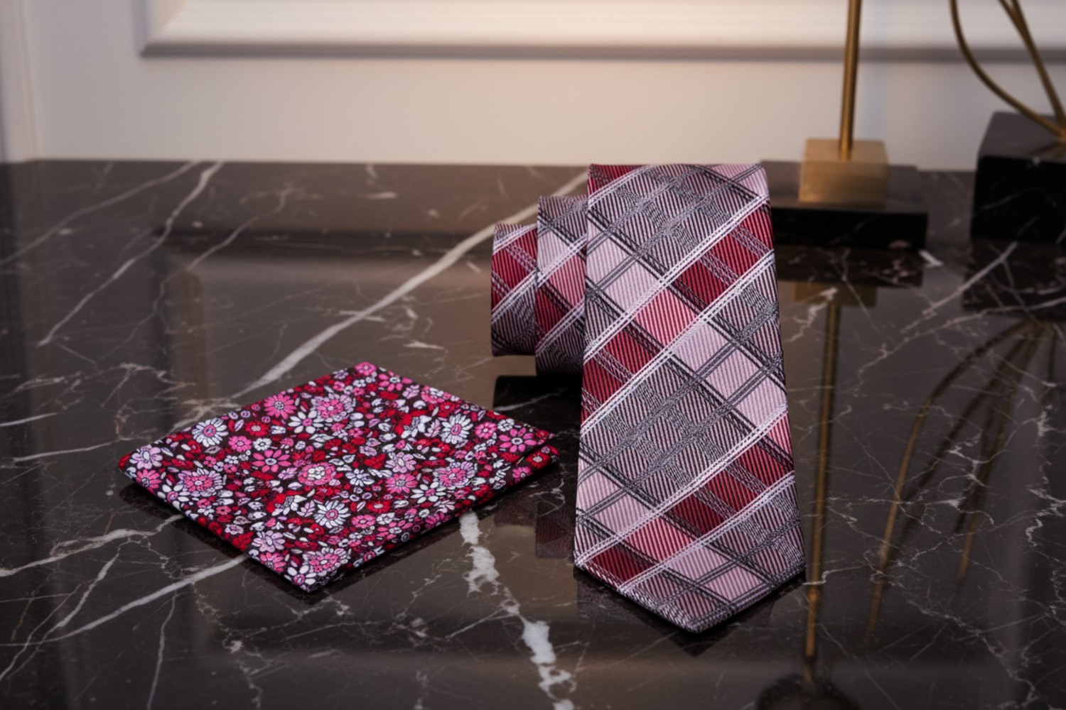 Alt View: Shades of Red Plaid Tie and Accenting Square