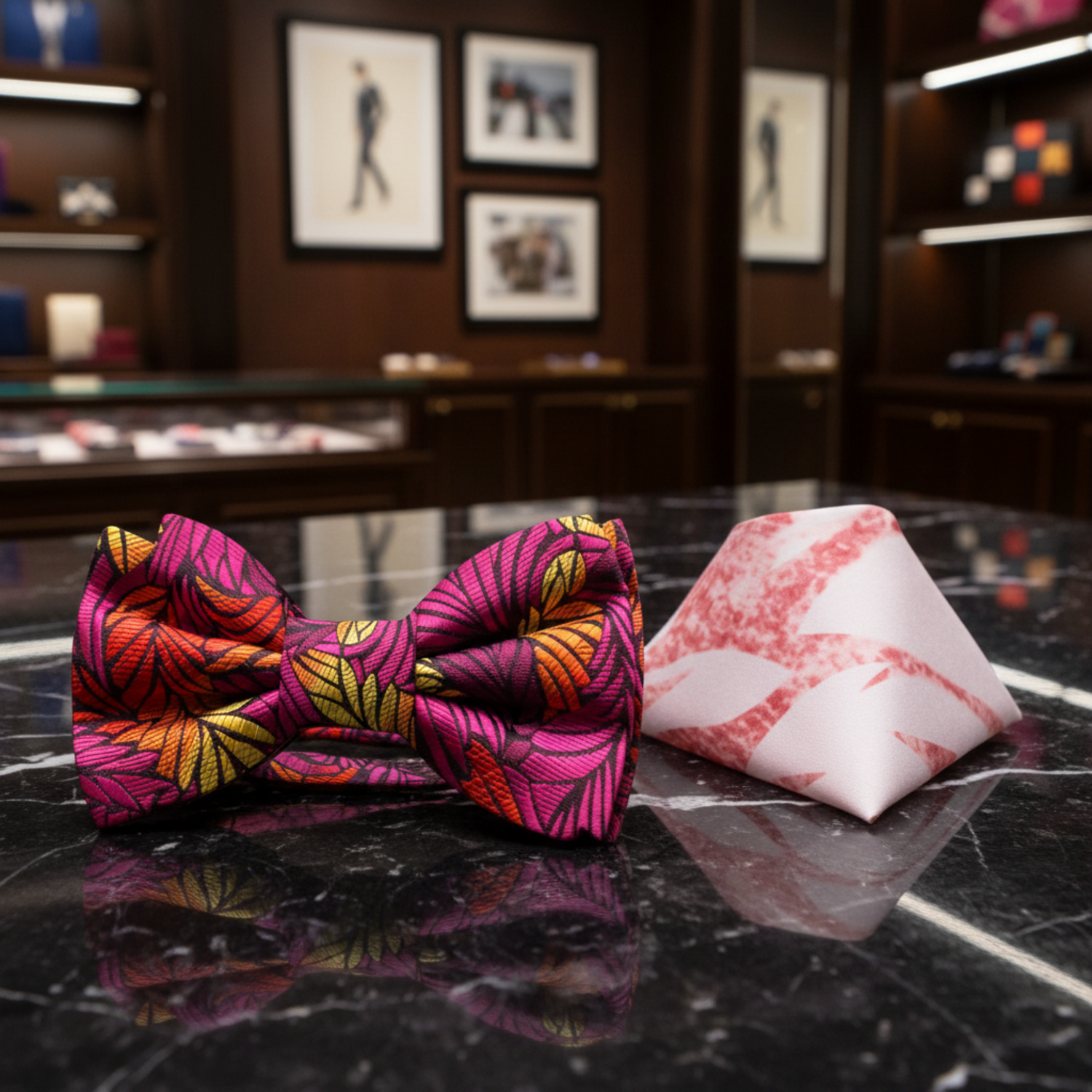 Red, Pink, Orange, Yellow Abstract Bow Tie and Accenting Square