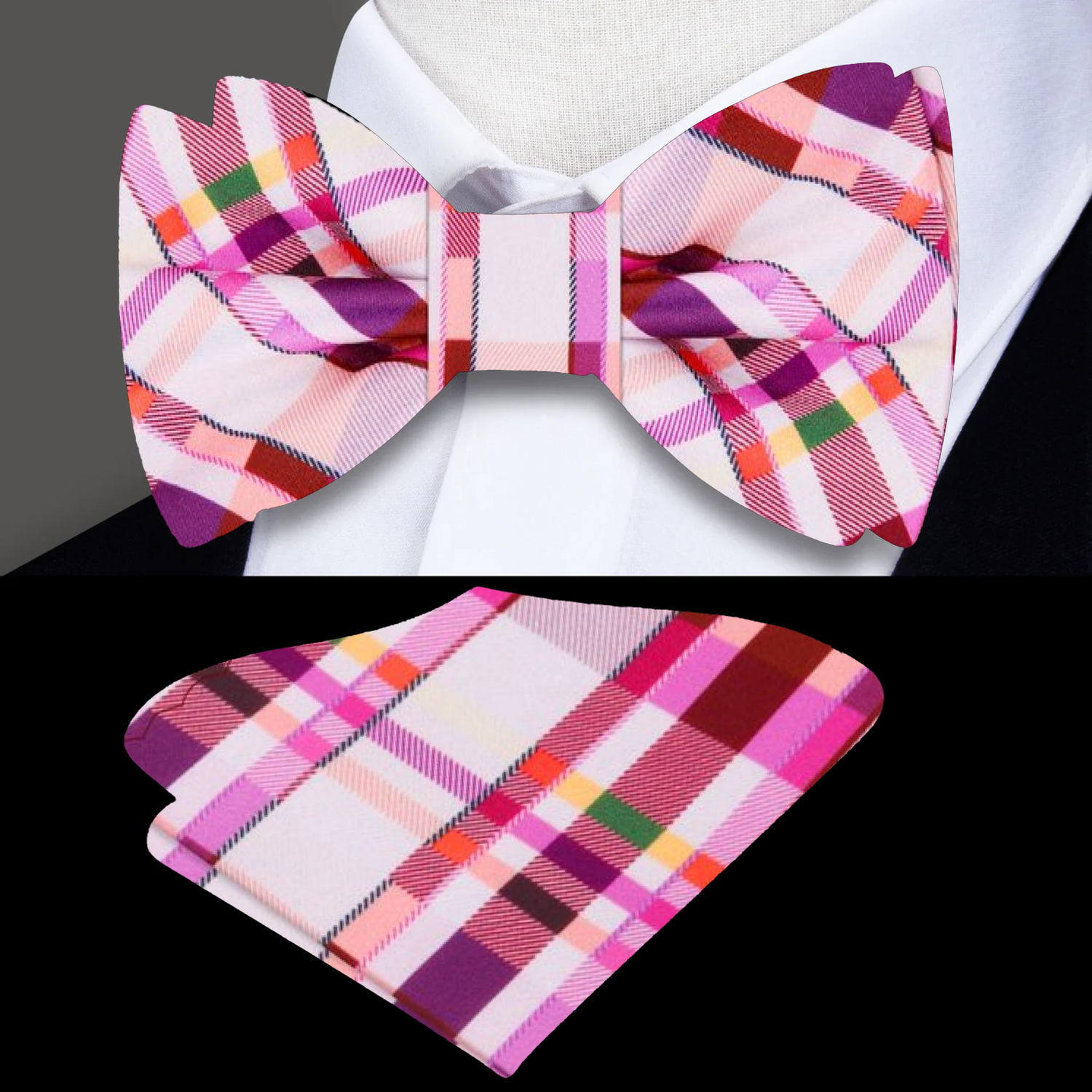 Red, Pink, Purple Abstract Plaid Bow Tie and Square||Pink/Red