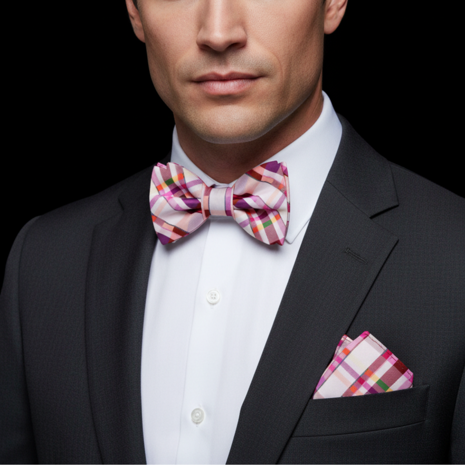 Pink and red plaid bow tie and square on man