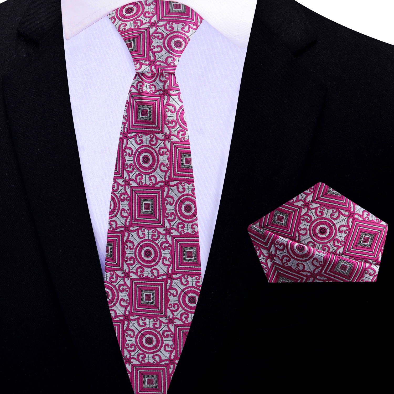 Silver, Pink & Black Geometric Necktie | Modern Style