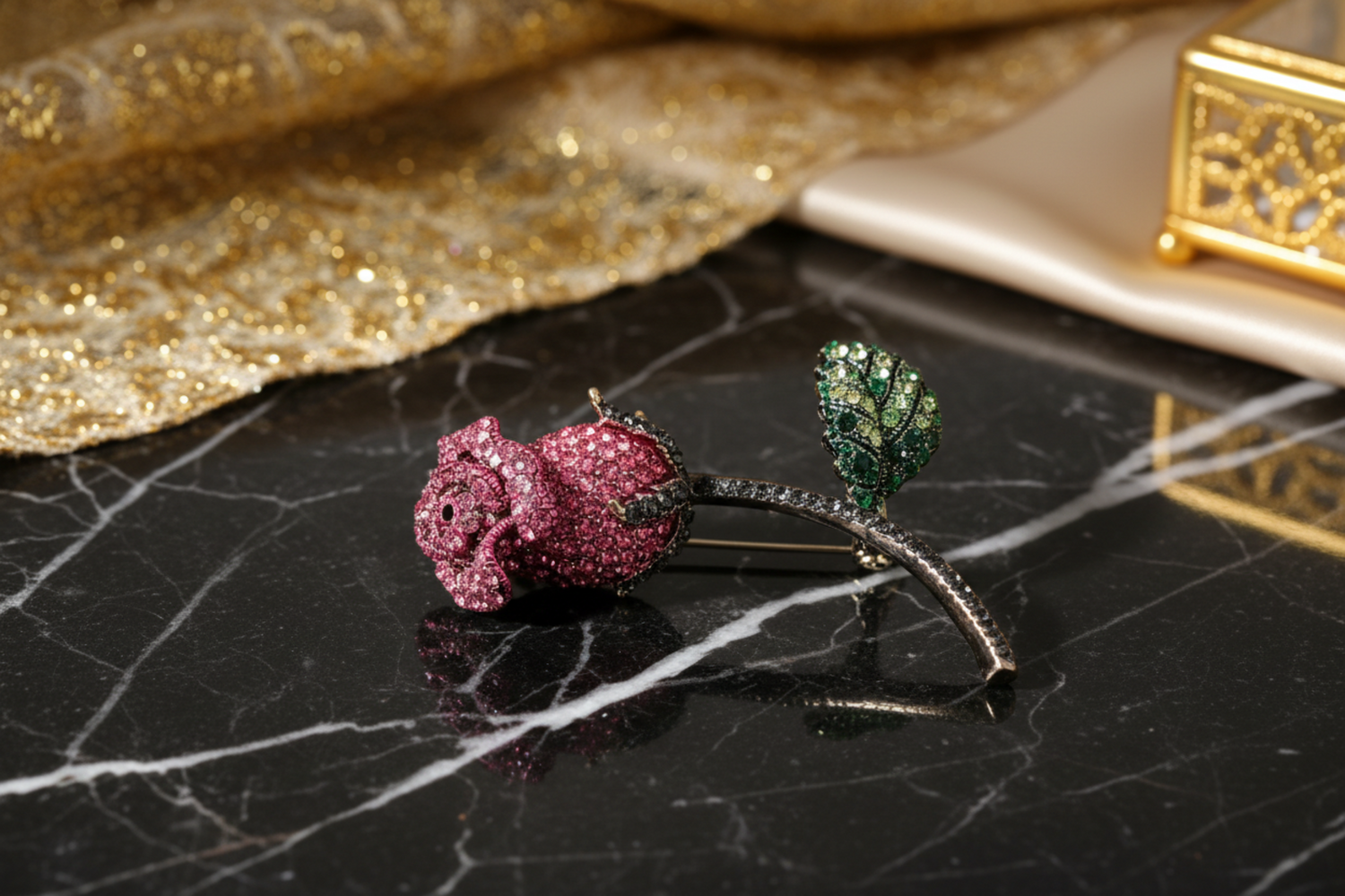 Pink Rose with Green Leaf Stones Lapel Pin