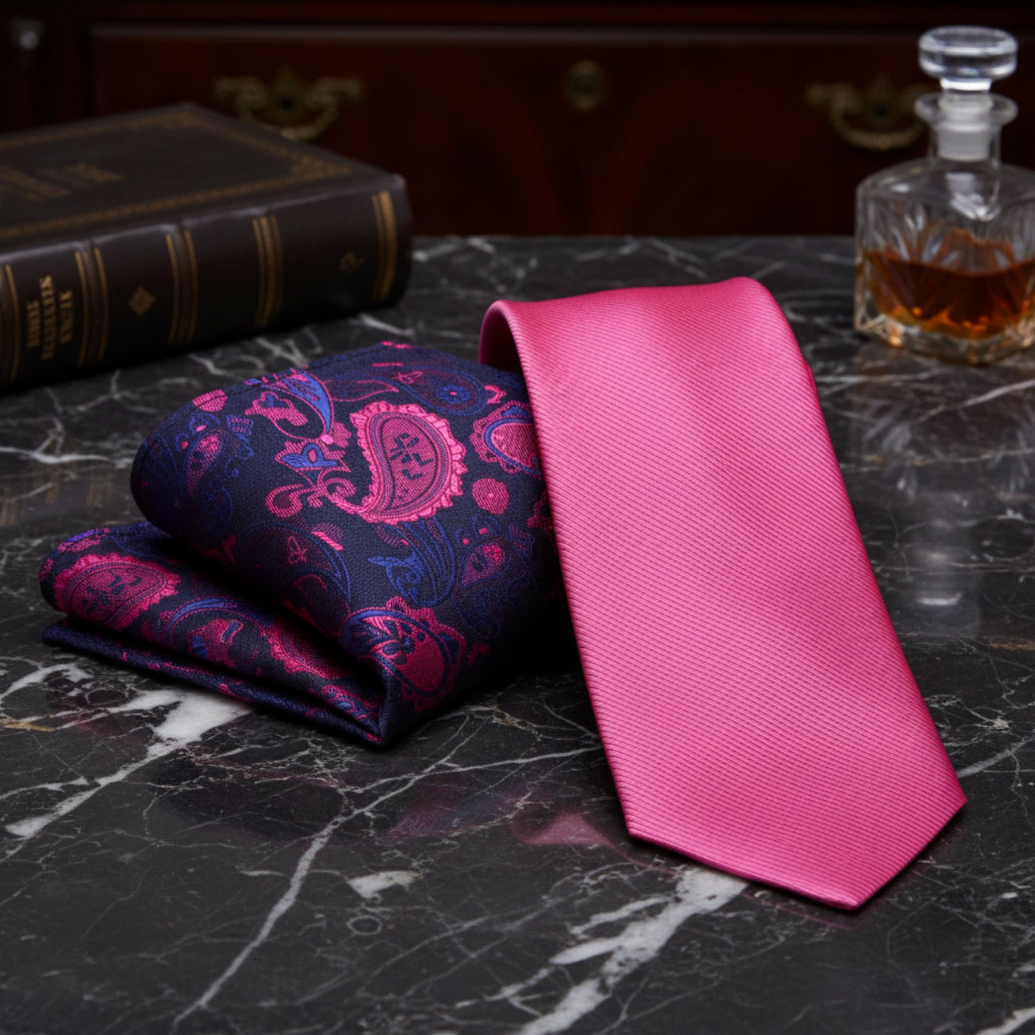 Alt View: Solid Pink Necktie with Blue and Pink Paisley Pocket Square