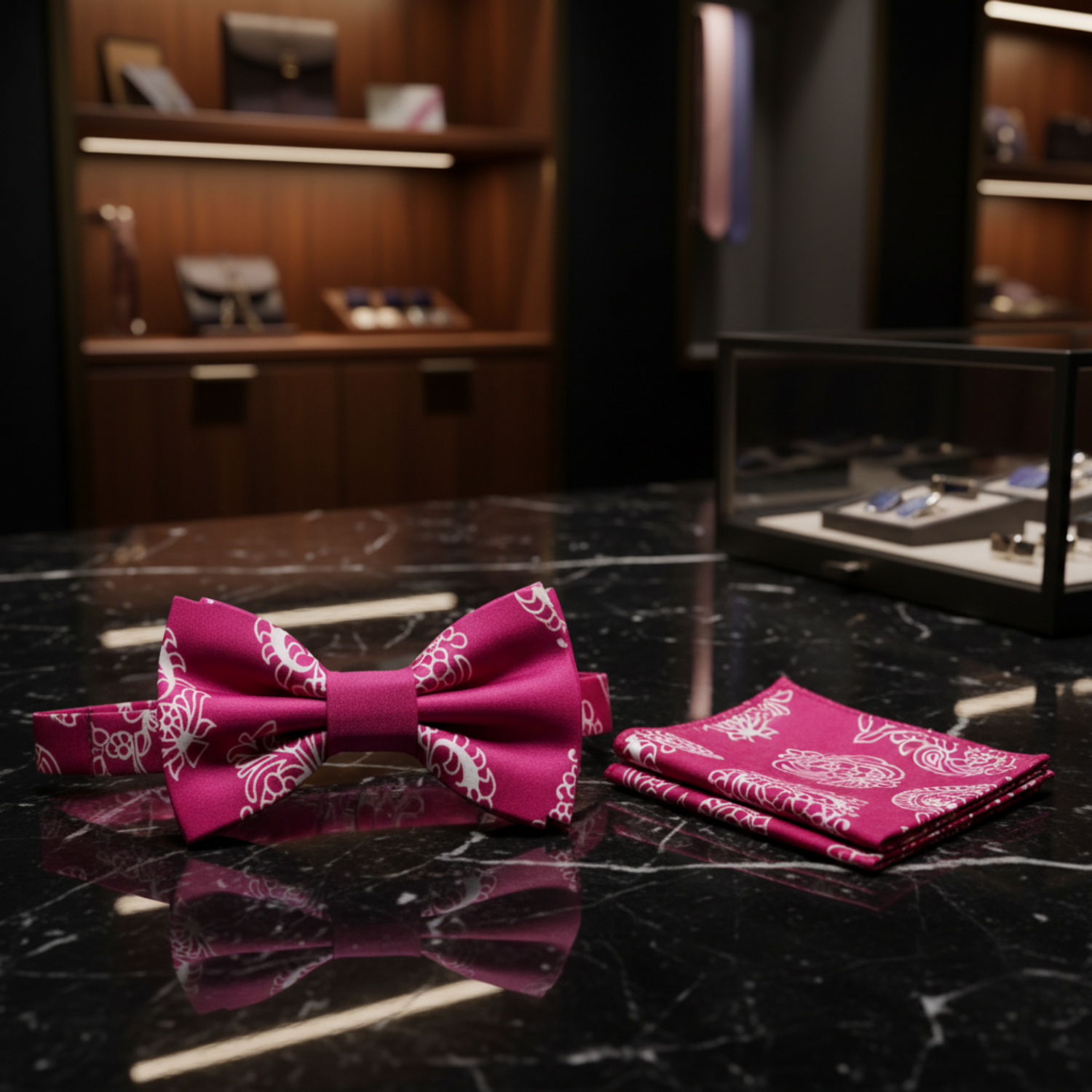 Raspberry, White Paisley Bow Tie and Pocket Square