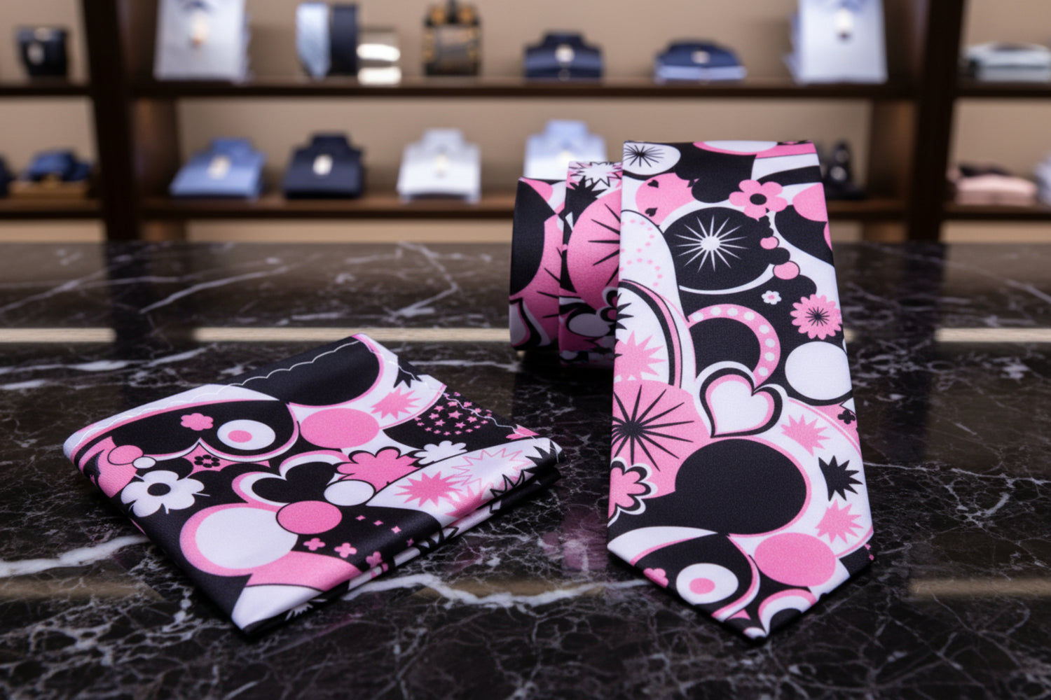 alt White, Pink and Black Hearts Tie and matching Square