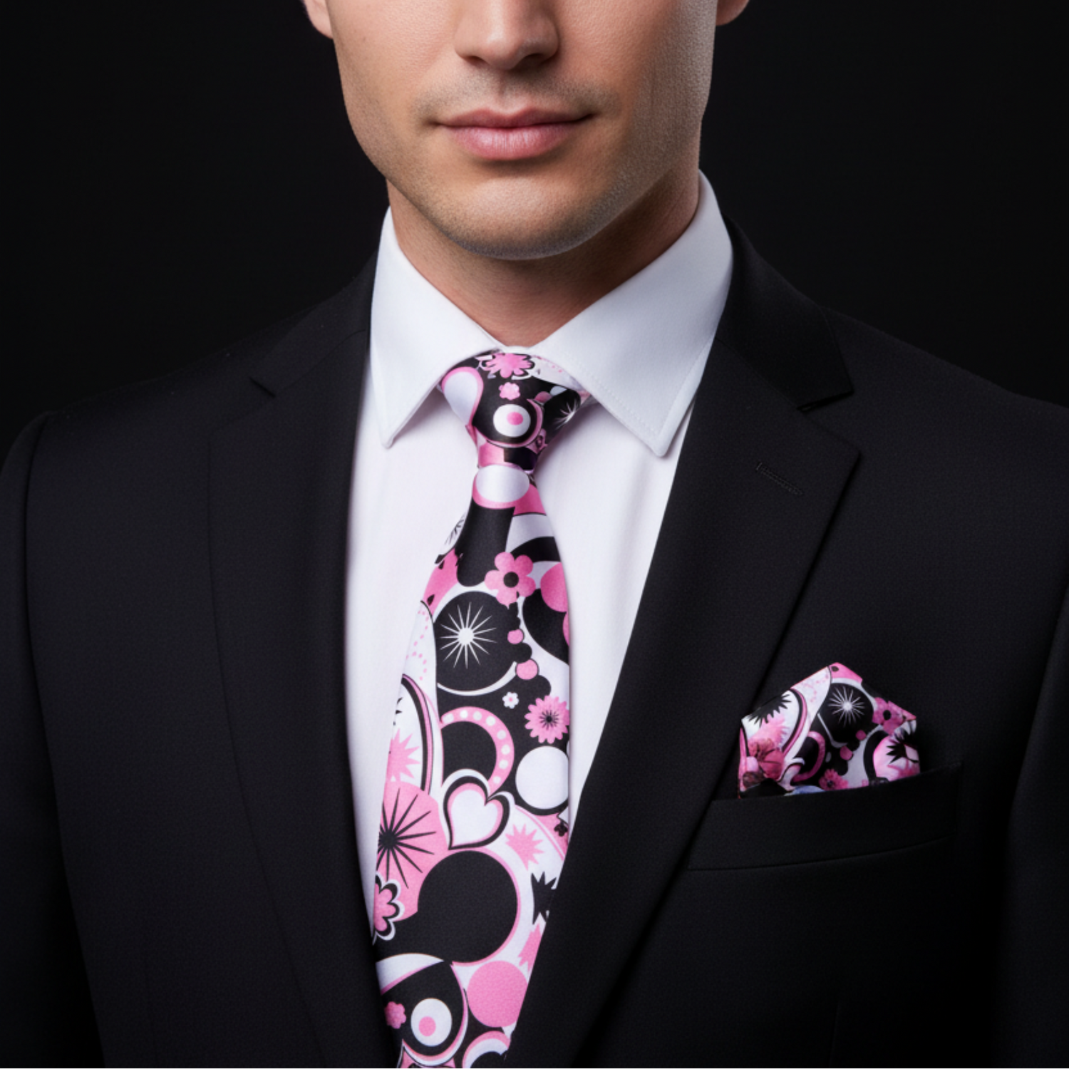 Man wearing a black suit with a pink and black floral tie and pocket square on a black background