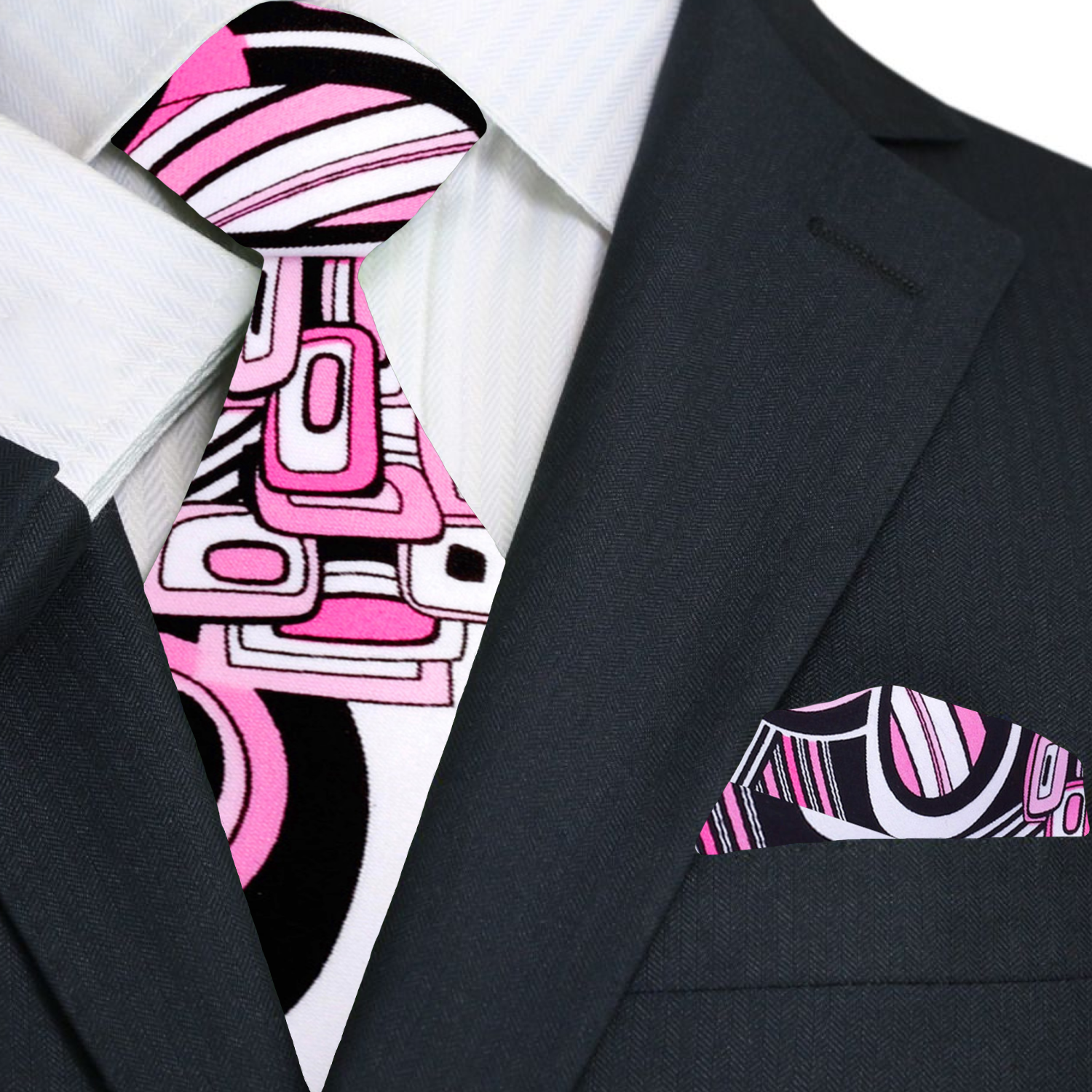 A Pink, Black, White Multi Shapes Abstract Pattern Pattern Necktie, Matching Pocket Square