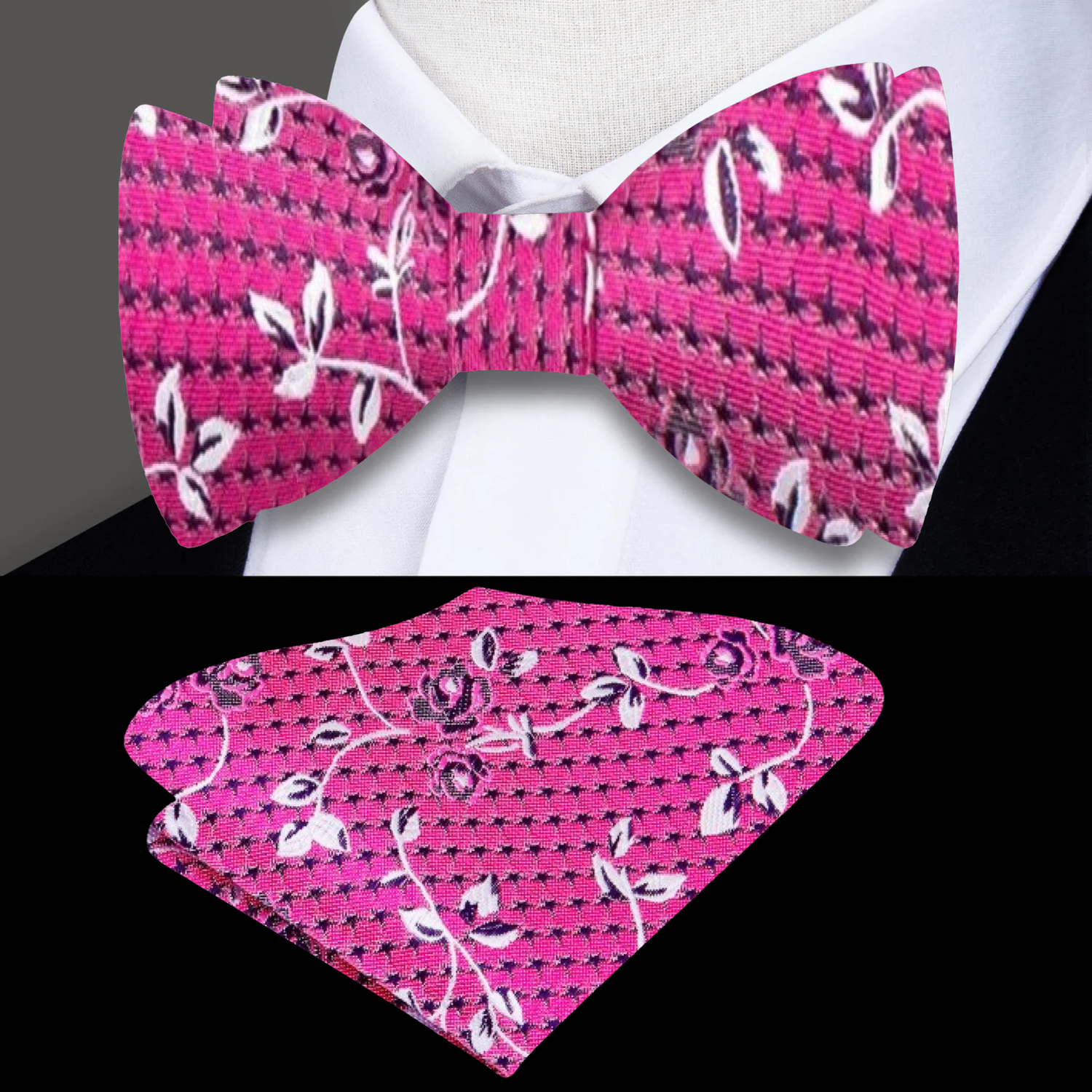 A Pink Intricate Floral Pattern Self Tie Bow Tie and Square