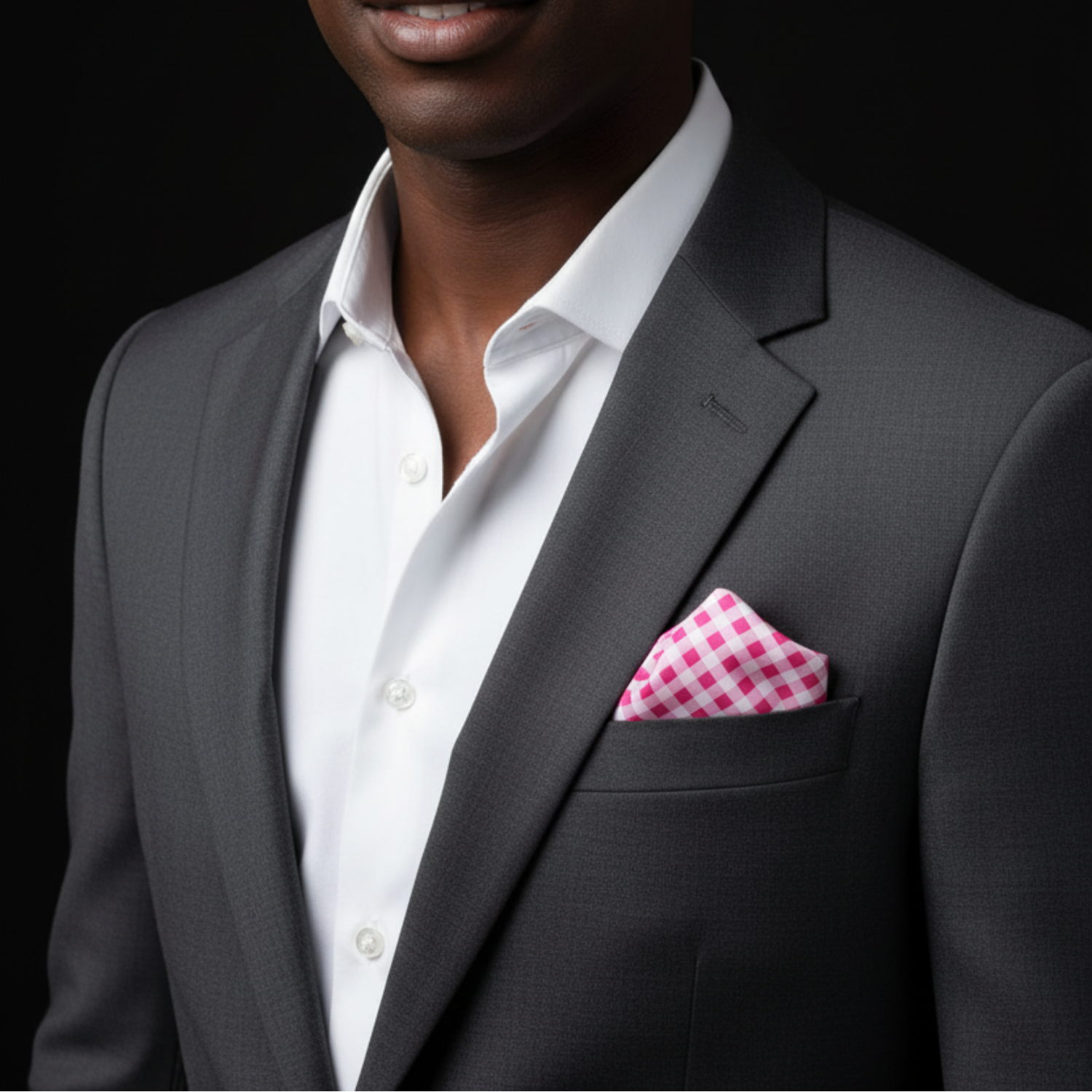 Man wearing a gray suit with a white shirt and pink checkered pocket square on a black background