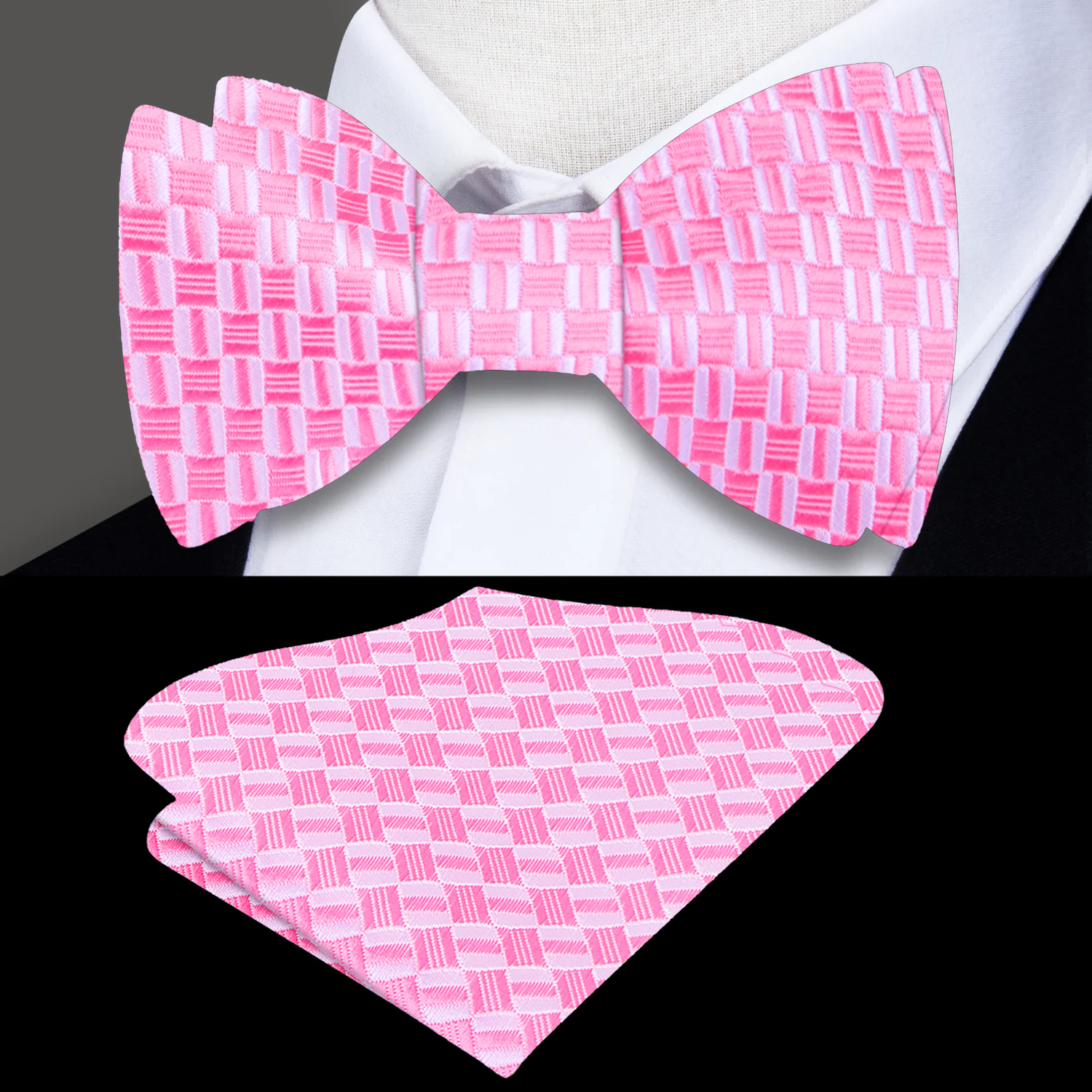 pink and white geometric bow tie and square