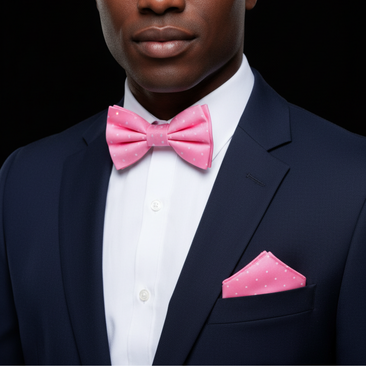 Man wearing a navy suit with a pink bow tie and matching pocket square on a black background