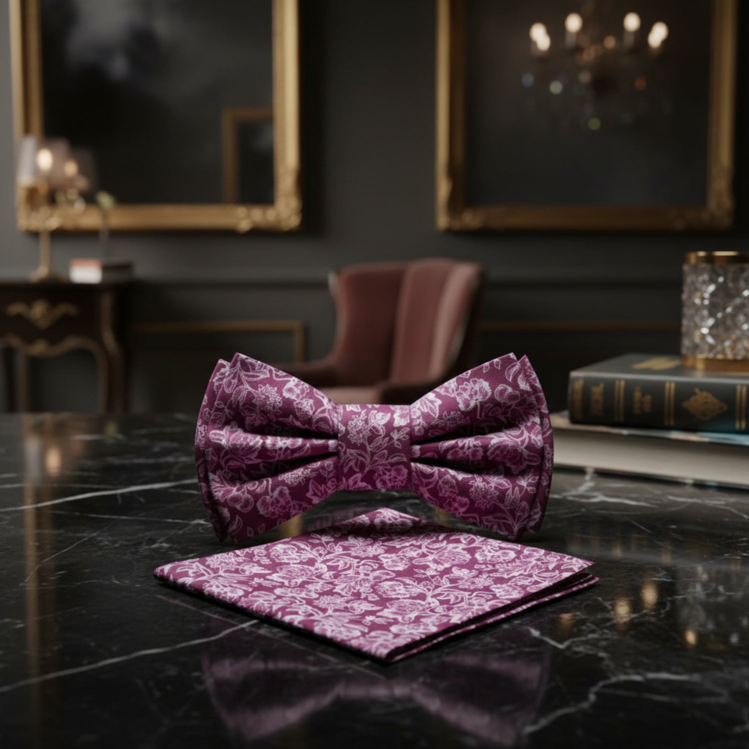 Rich Lavender Floral Bow Tie and Square