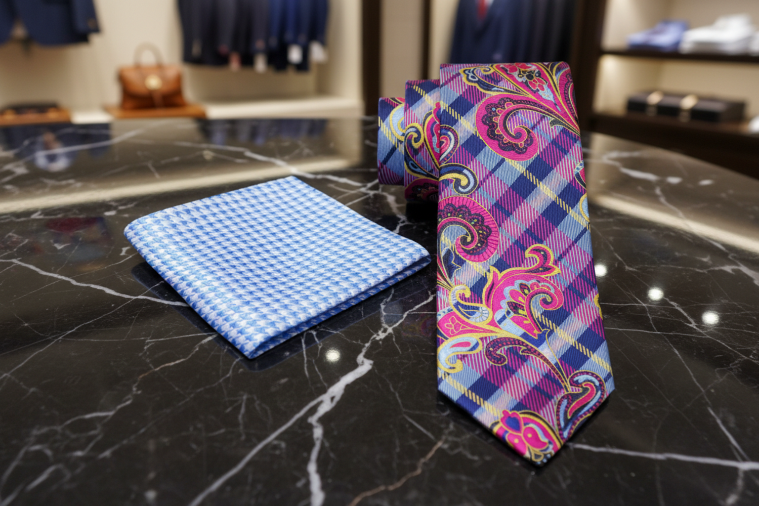 Pink, blue Paisley Necktie and Accenting Square 23