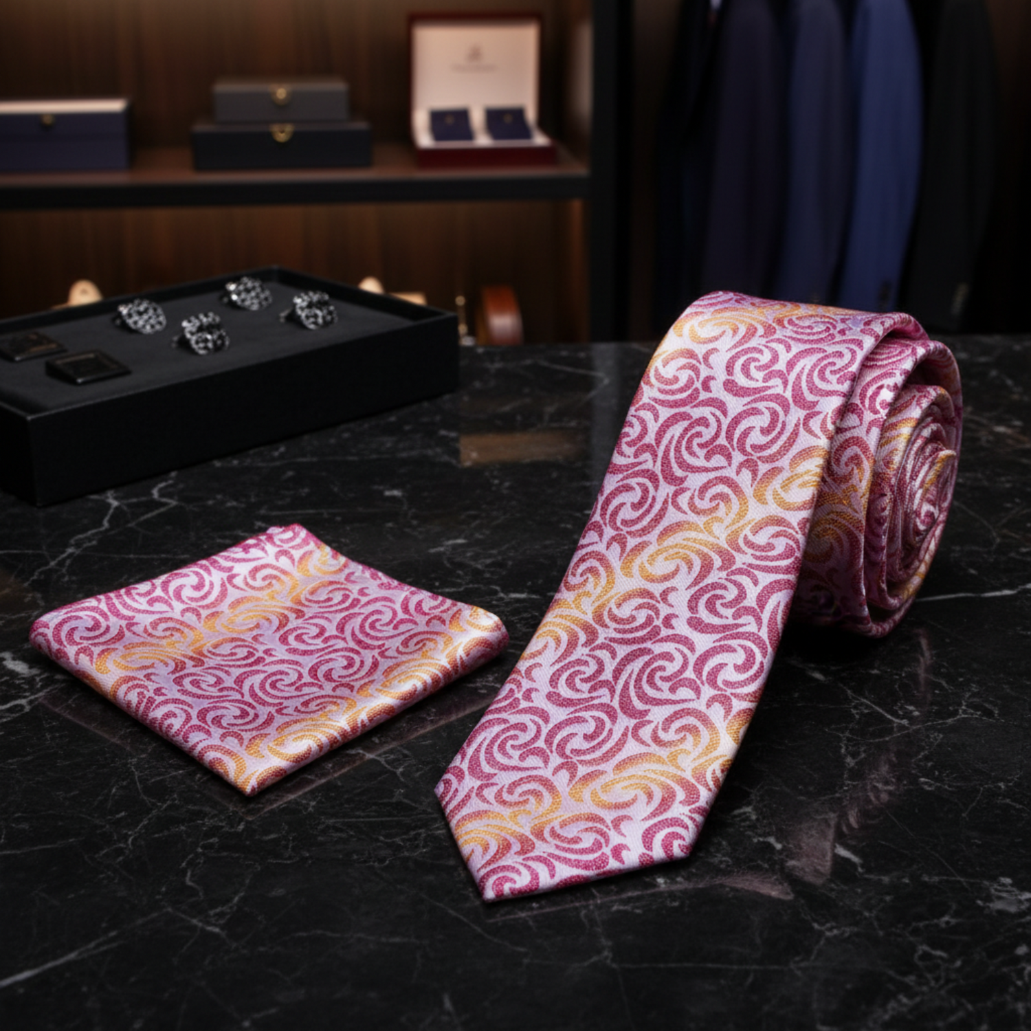 Alt View: A Pink, Yellow Abstract Shapes Pattern Necktie, Matching Pocket Square