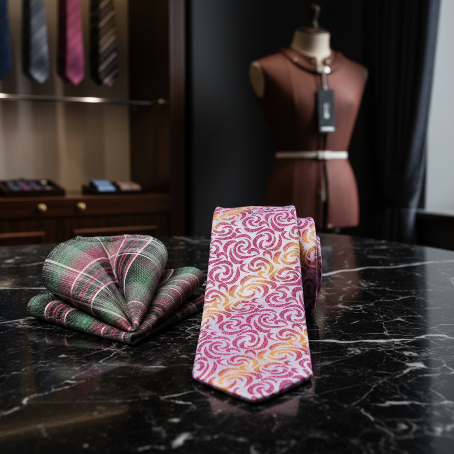 Plaid pocket square and patterned tie on a white background