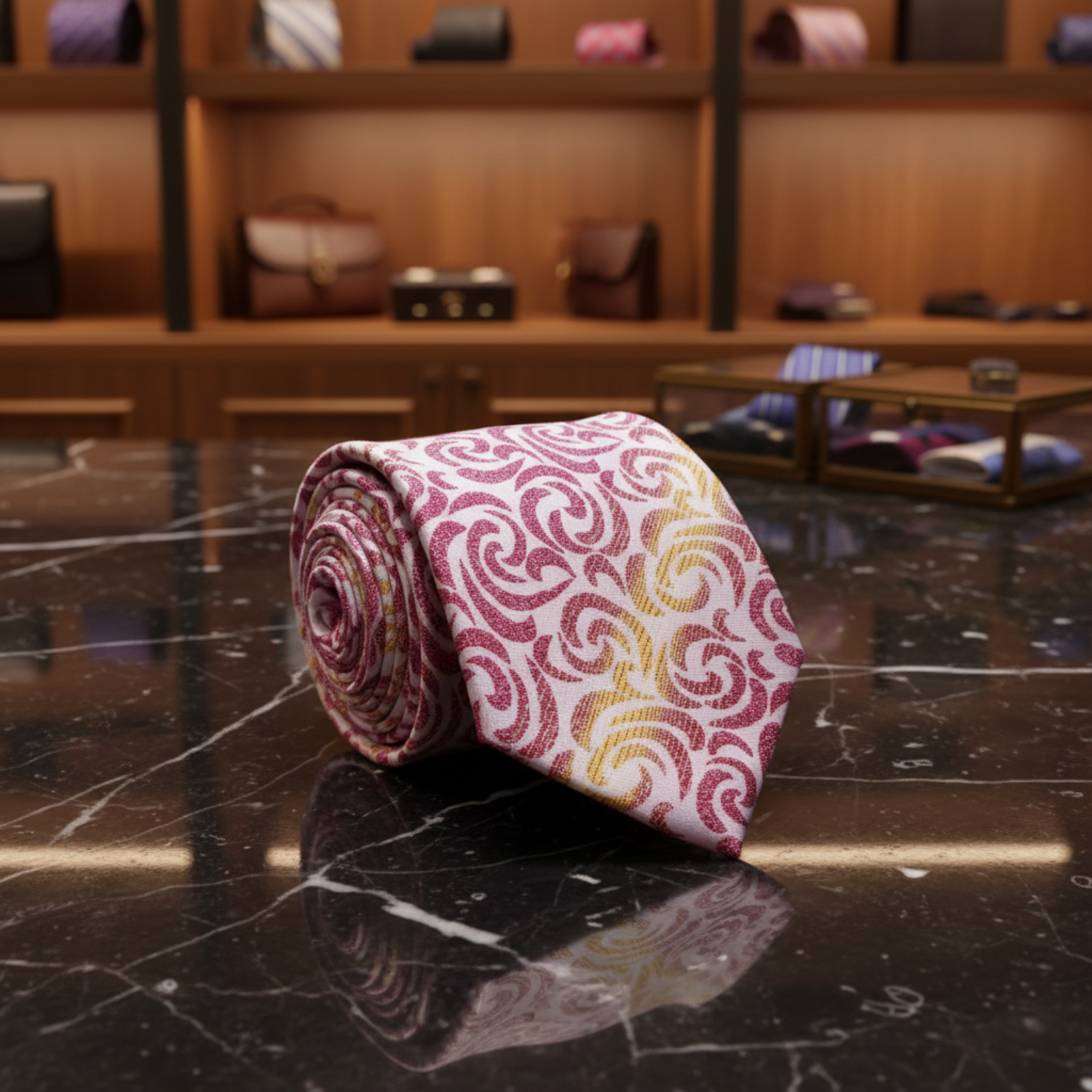 A Pink, Yellow Abstract Shapes Pattern Necktie 