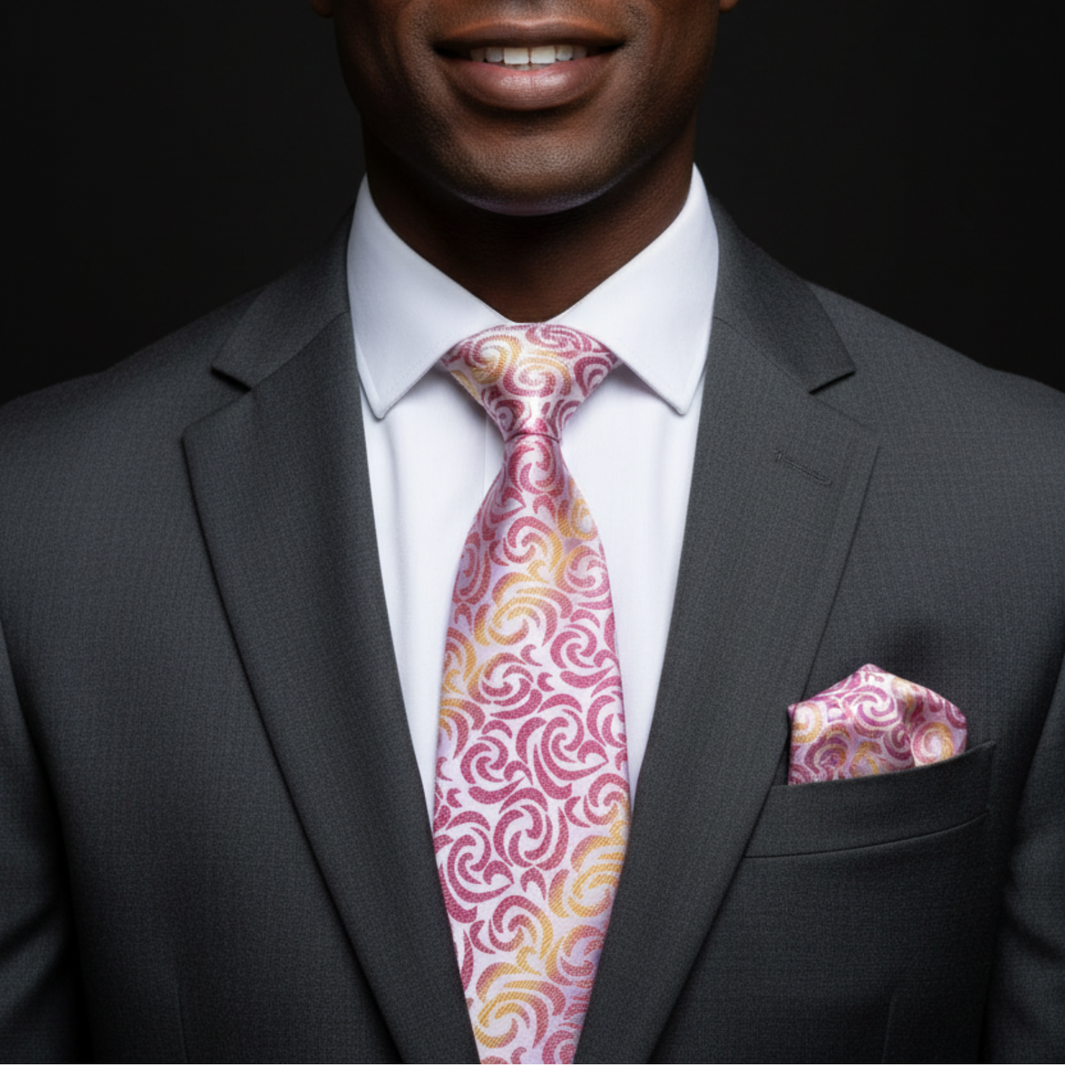 Man wearing a gray suit with a colorful tie and pocket square on a black background